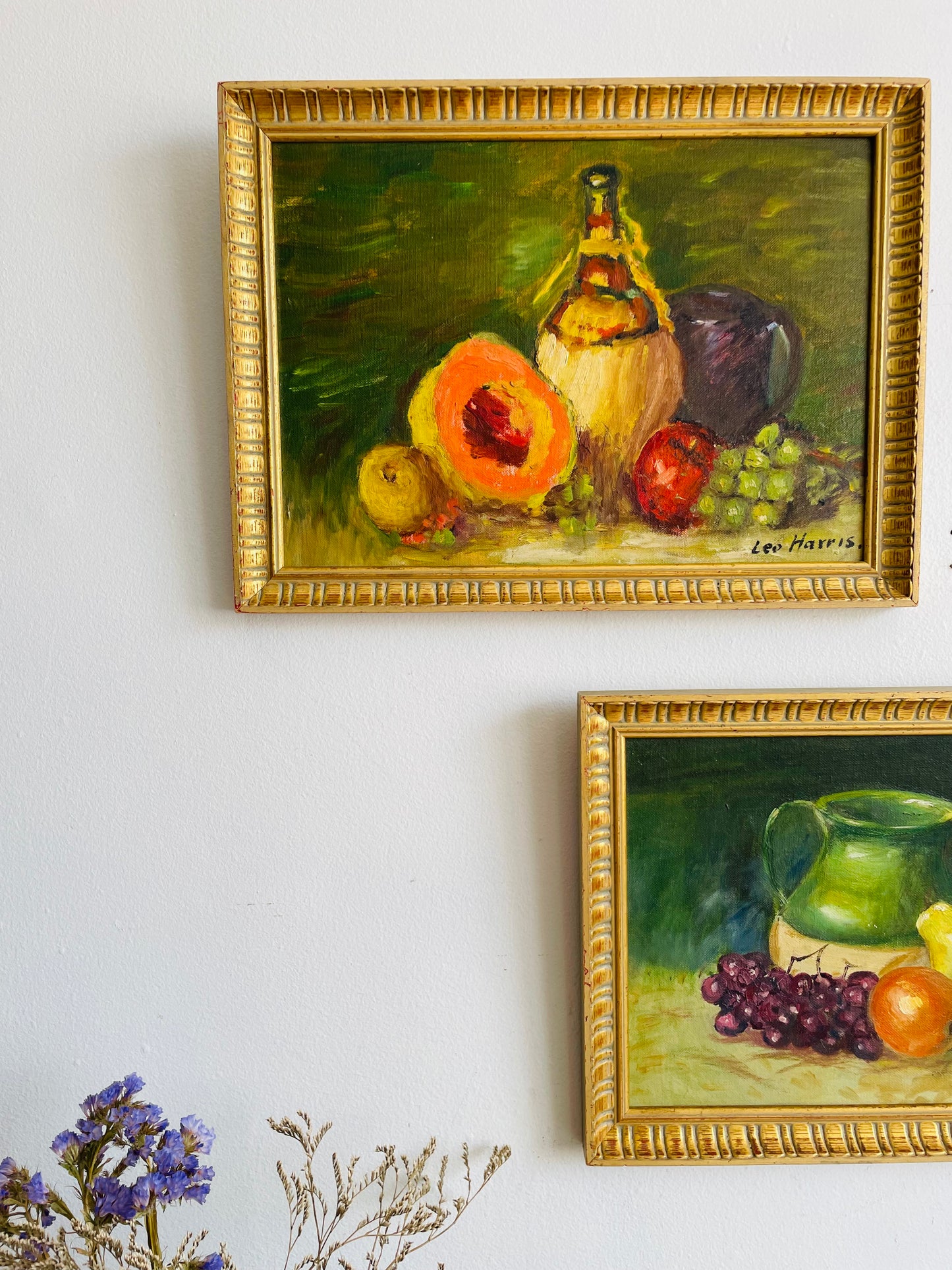 Vintage Original Art Painting of Still Life Scene with Cantaloupe, Other Fruit & Wine Jug - Signed Leo Harris