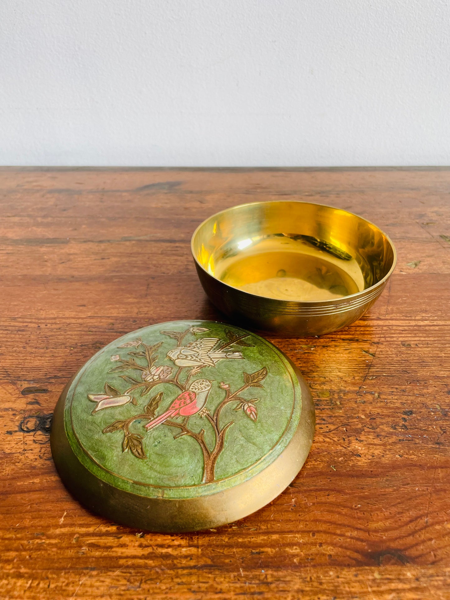 Round Solid Brass Trinket Jewellery Box with Enamelled Lid & Bird Design - Made in India