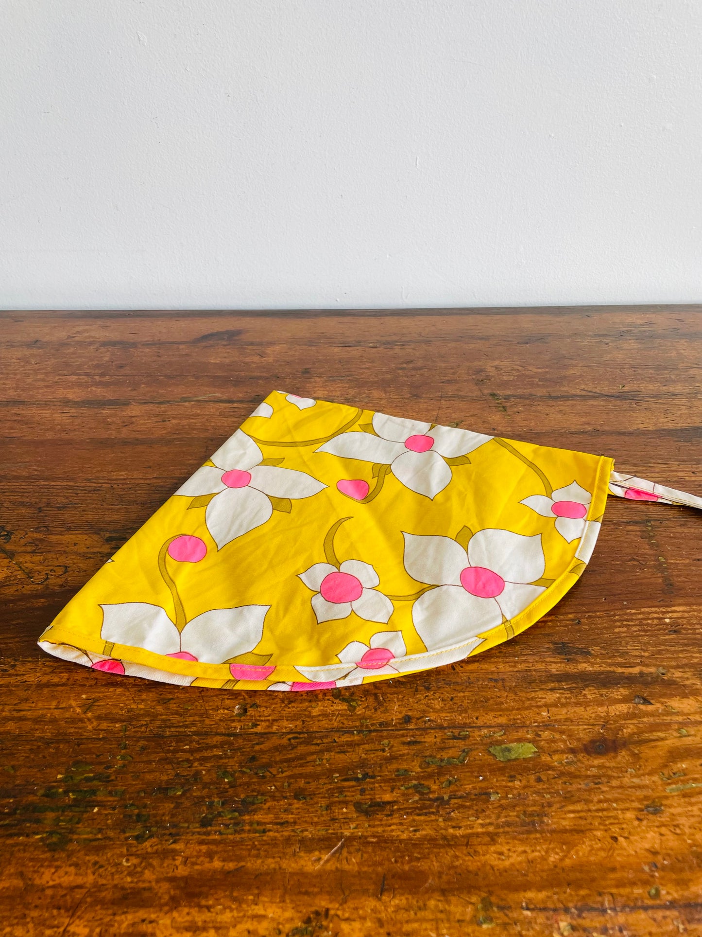 Groovy Yellow Fabric Triangle Pouch Holder or Hat with White & Pink Flower Design - Solve the Mystery of What This Is!