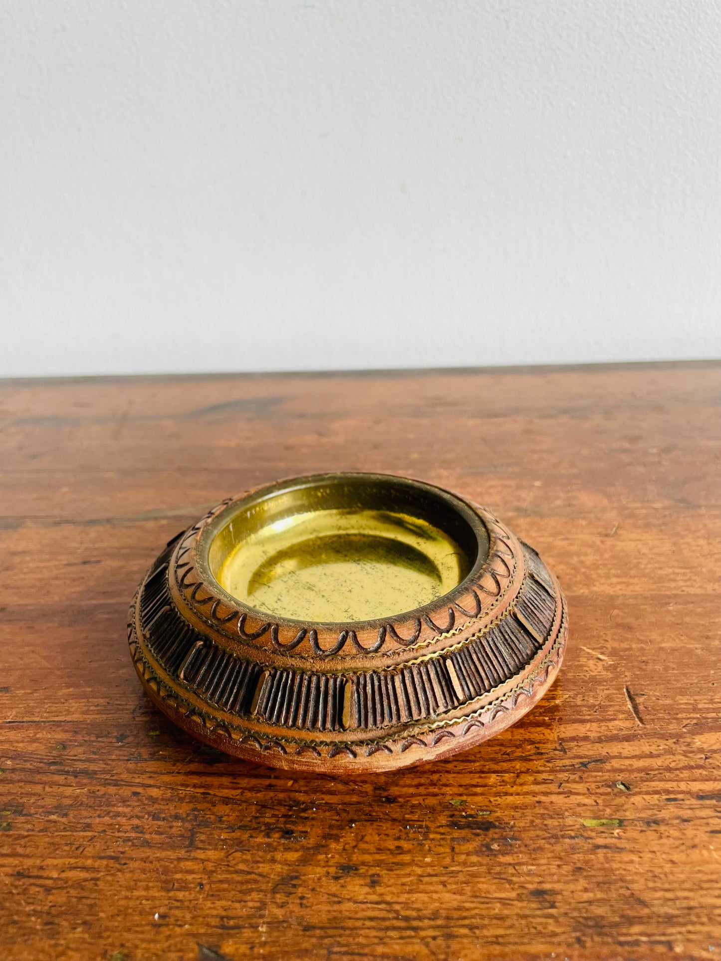 Carved Wood Trinket Bowl Dish with Inlay & Brass Insert