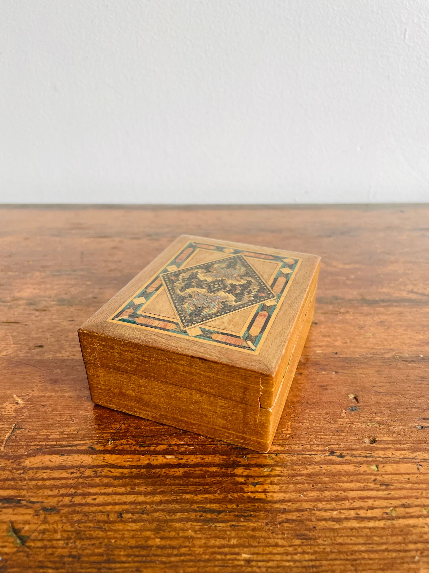 Antique Tunbridge Ware Wood Box with Mosaic Inlaid Pattern - Trinkets or Jewellery!