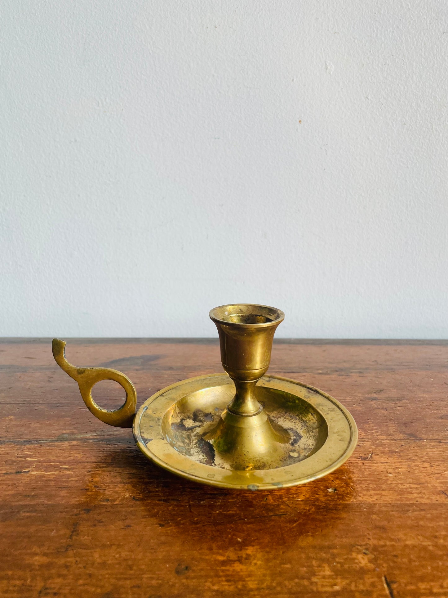 Vintage Solid Brass Chamberstick Candle Holder with Swoop Handle