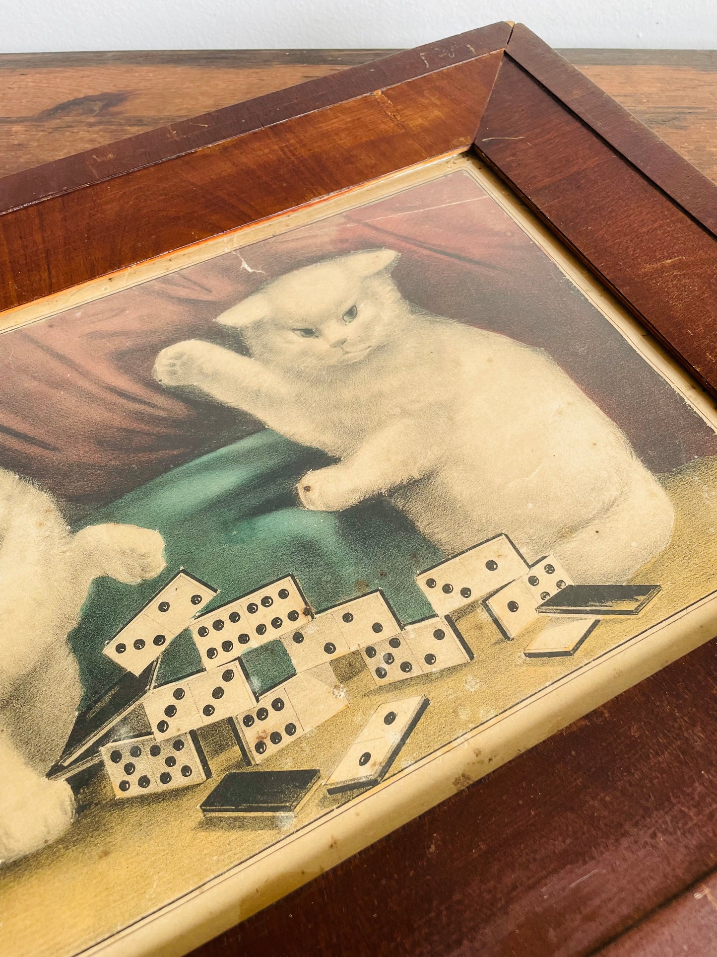 Antique Print Picture of Naughty Cats Knocking Over Dominoes - Currier & Ives 'My Little White Kitties - Playing Dominoes'