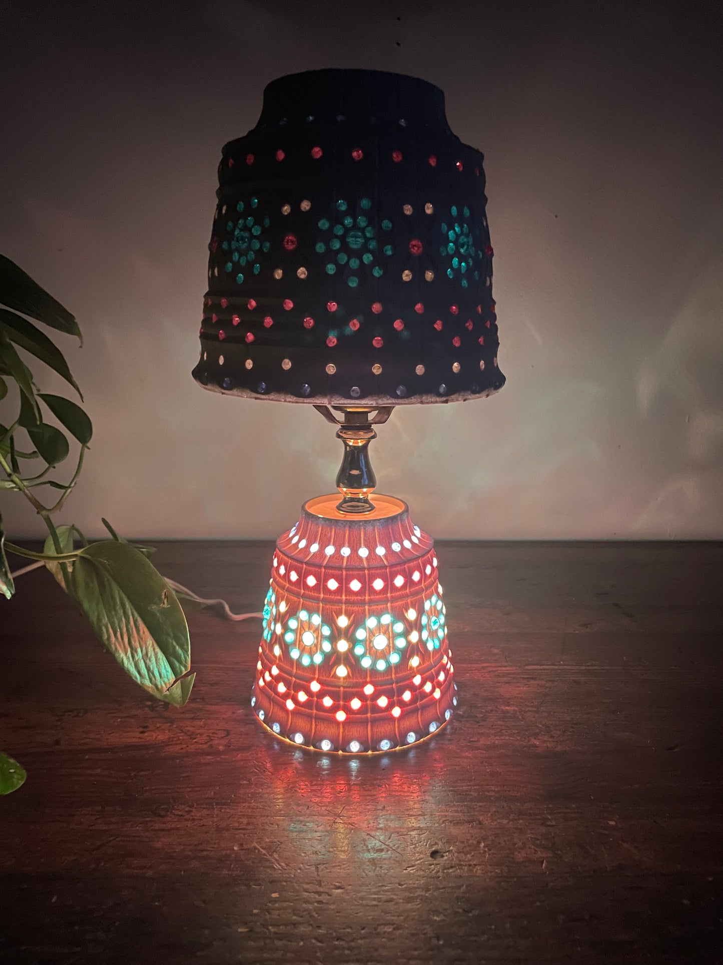 MCM Plastic Lawnware Table Lamp with Brightly Coloured Beads - Pink, Blue & Clear