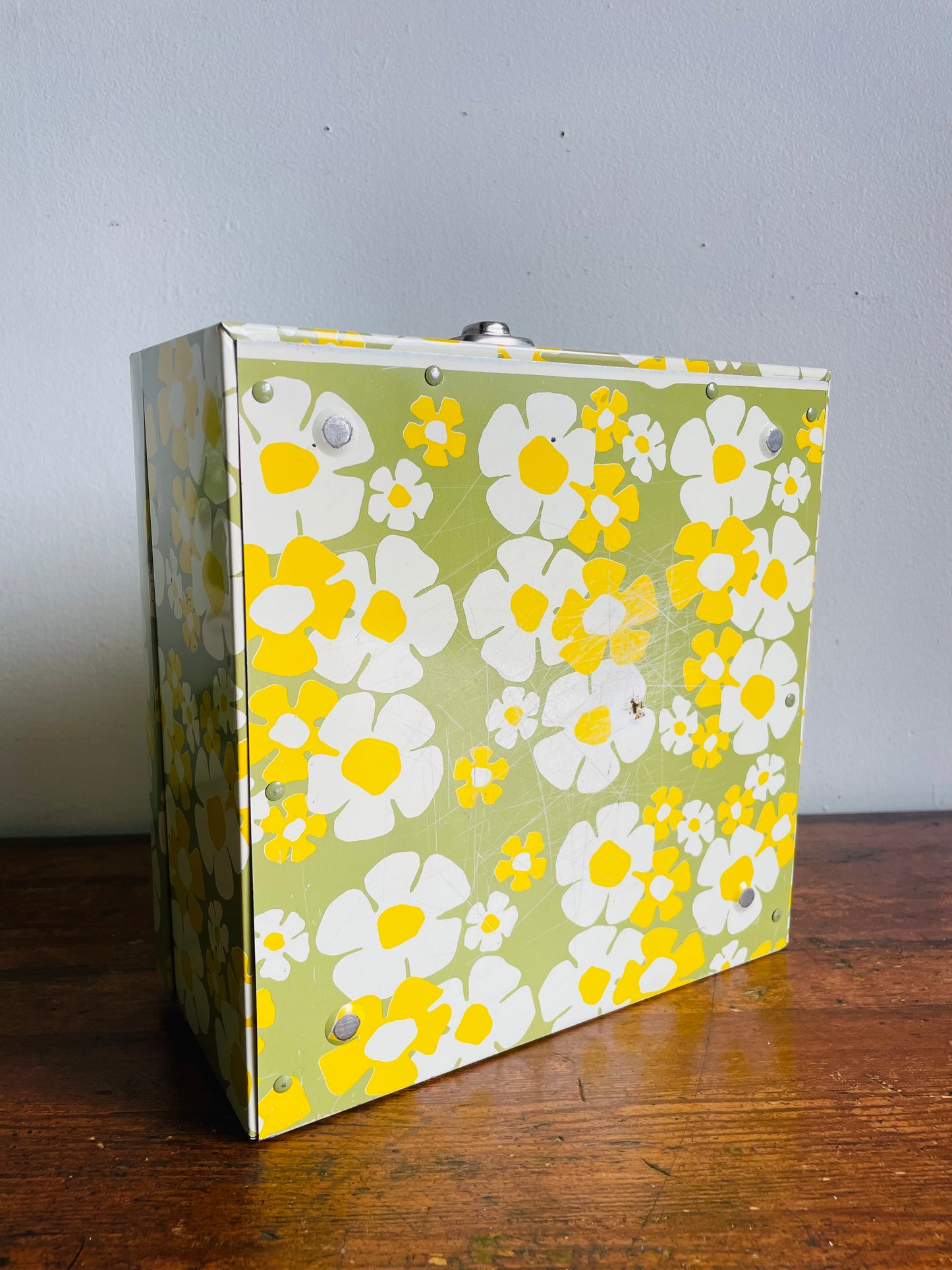 Vintage Flower Power Metal Filing Storage Box with Handle & Latch to Close - Has a Movable Tray Divider Inside