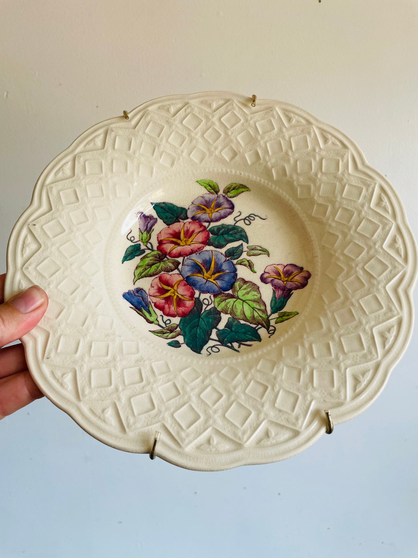 Vintage 1940s Morning Glory Wedgwood Etruria England Bowl Dish with Flower Design - Includes Wall Plate Hanger but Could Use Without