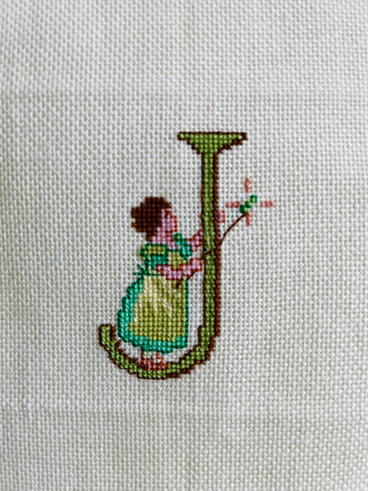 Square Needlepoint Embroidery Panel of the Letter J with a Fairy