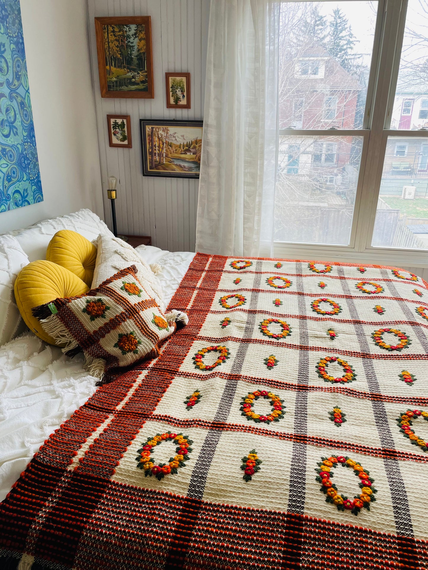Polish Hand Knotted Woven Wool Throw Pillowcase with Embroidered Flowers