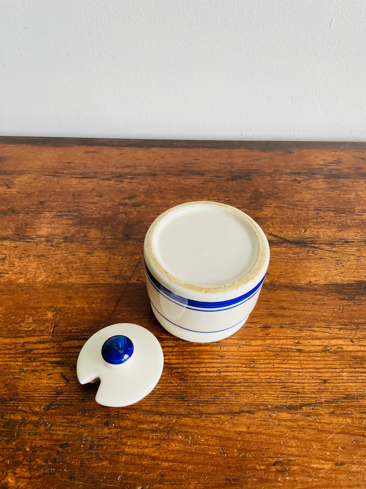 White & Blue Striped Sugar or Jam Crock Jar