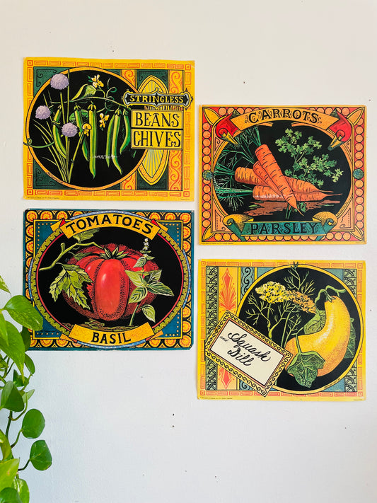 Vintage 1982 Aspelin Art Galleries Ltd. Herbs & Vegetables Prints - Set of 4 - Squash, Dill, Tomatoes, Basil, Carrots, Parsley, Beans & Chives