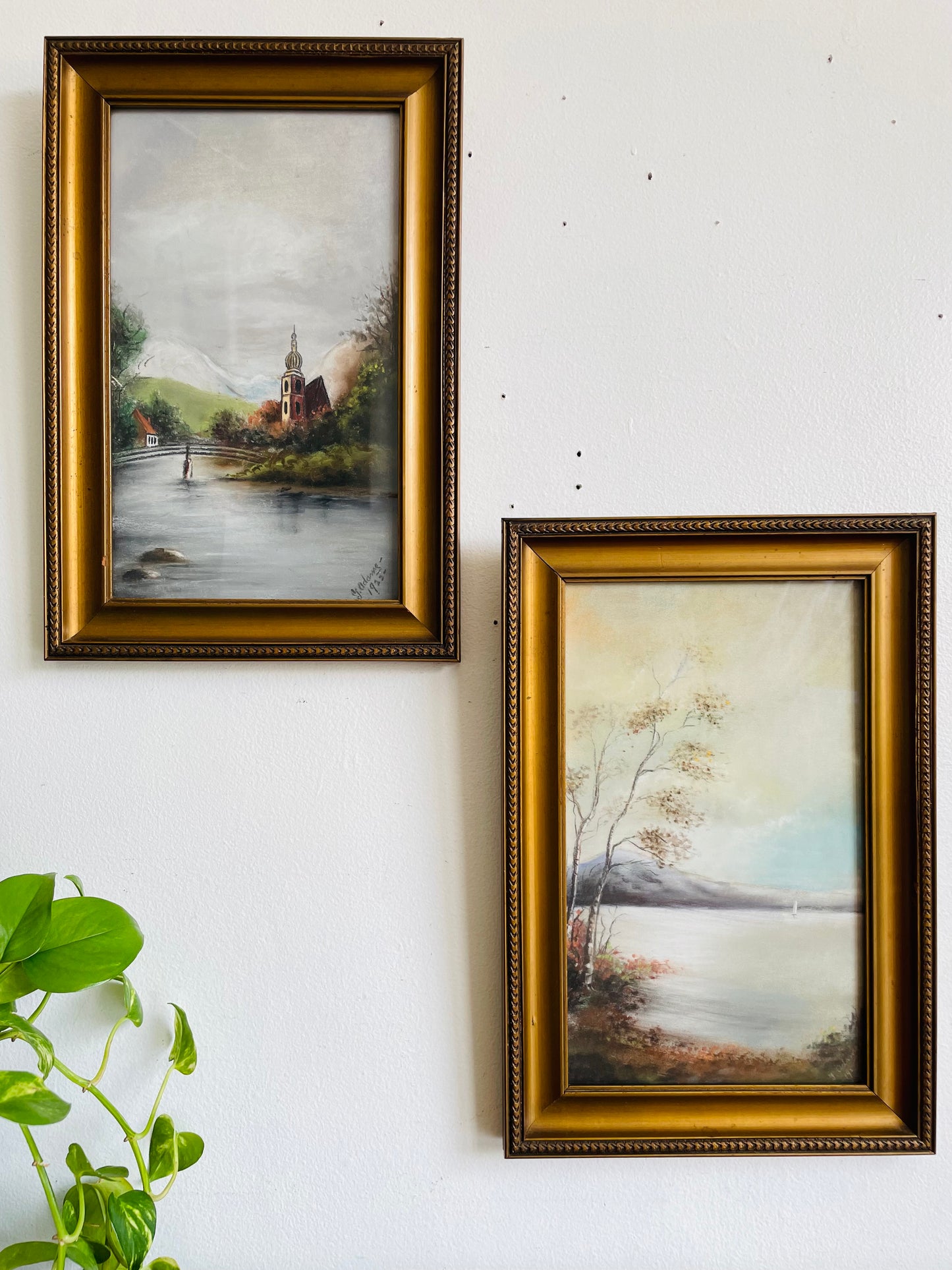 Antique 1922 Original Art Soft Pastel Painting Picture in Gold Frame of European Village Town Beside River & Bridge - Artist Signed