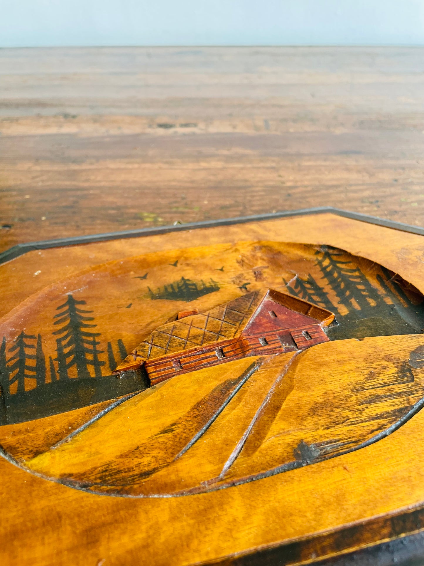 Red Cabin in Forest Picture - Carved from a Single Piece of Wood