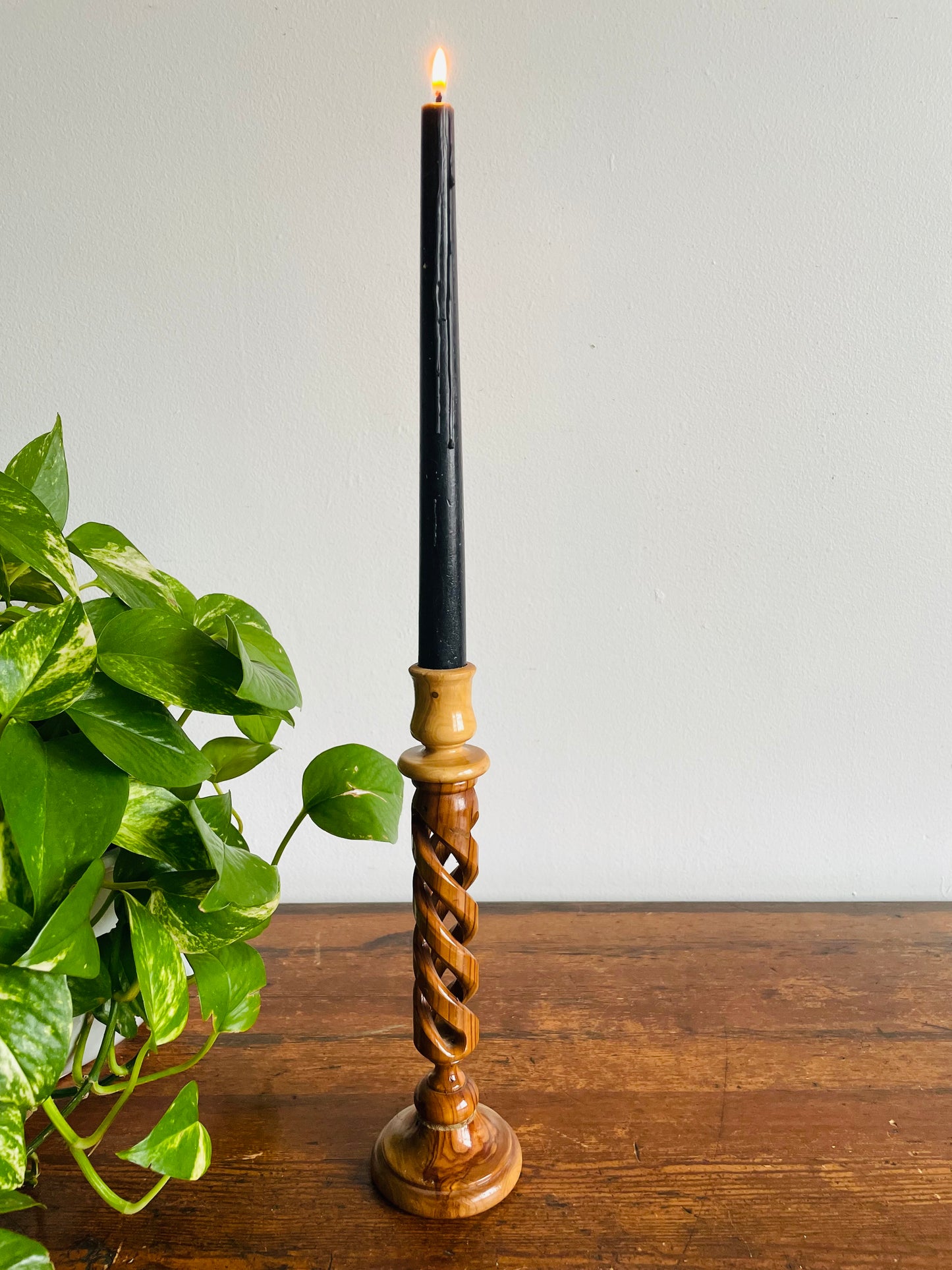 Olive Wood Twisted Spiral Candlestick Holder with Open Barley-Twist