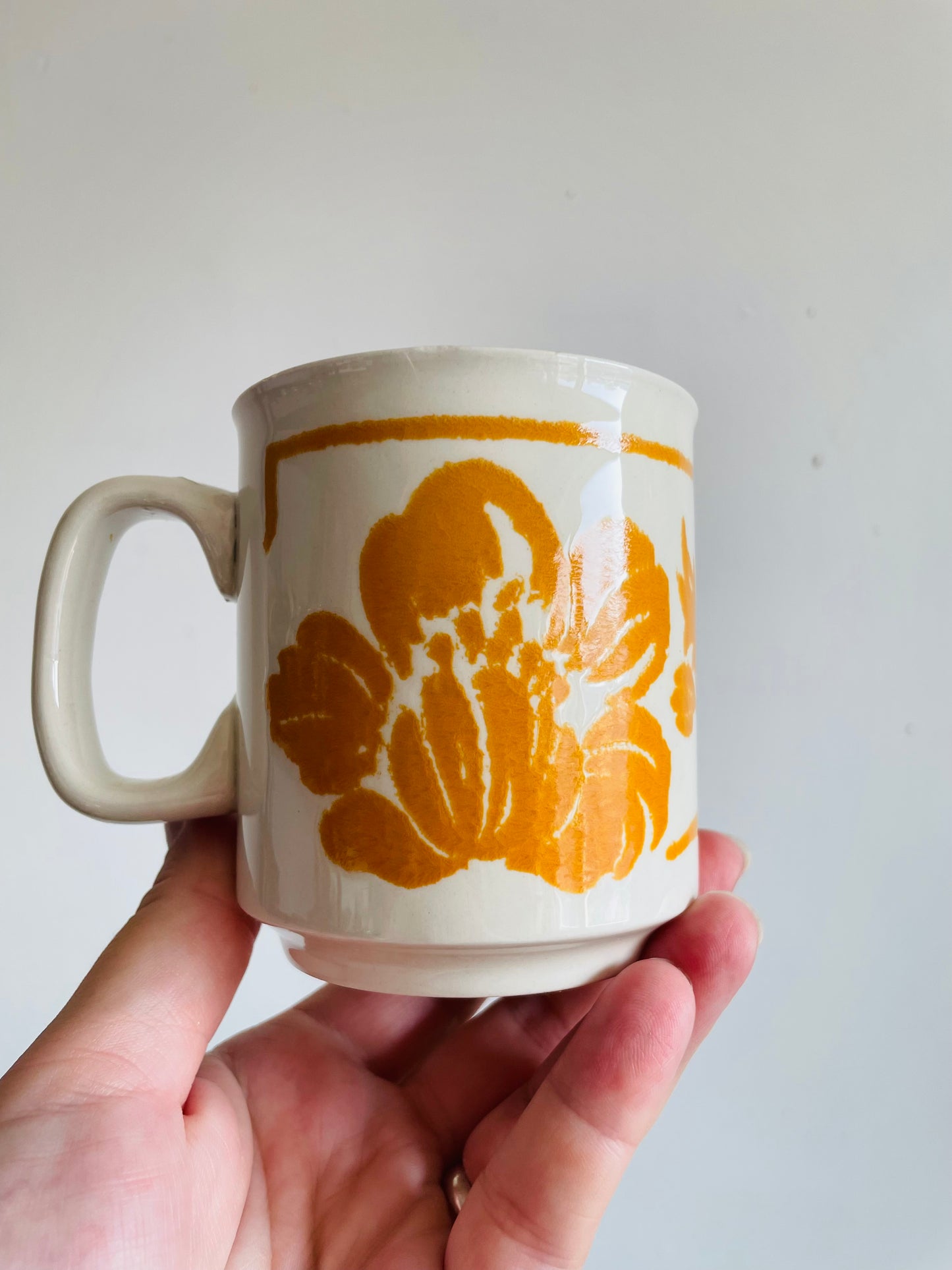 Mustard Yellow & Green Flower Mugs - WP Made in England - Set of 2