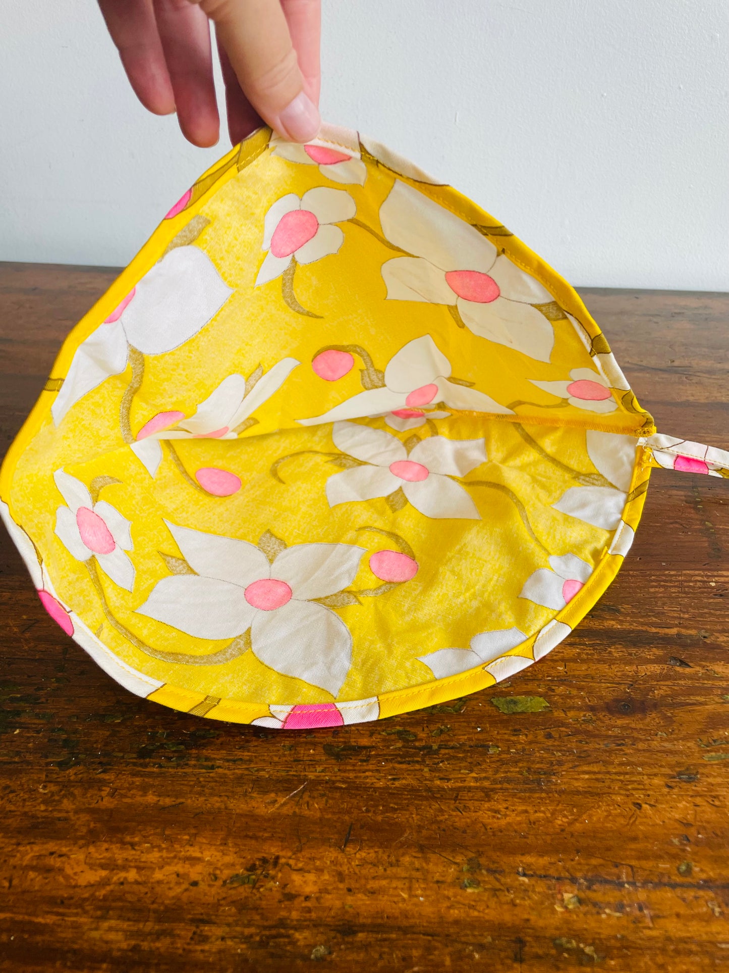Groovy Yellow Fabric Triangle Pouch Holder or Hat with White & Pink Flower Design - Solve the Mystery of What This Is!