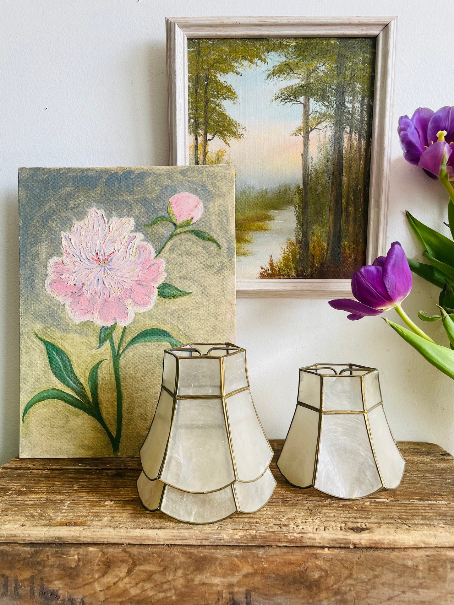 Vintage Original Art Painting Picture on Board of Pink Peony Flower - Artist Signed