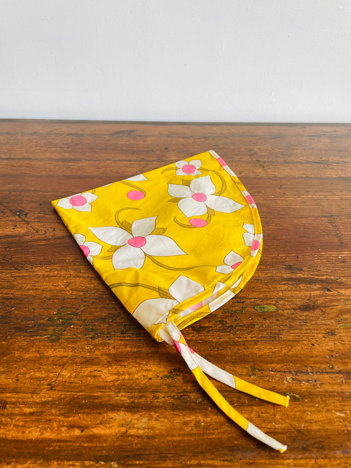 Groovy Yellow Fabric Triangle Pouch Holder or Hat with White & Pink Flower Design - Solve the Mystery of What This Is!