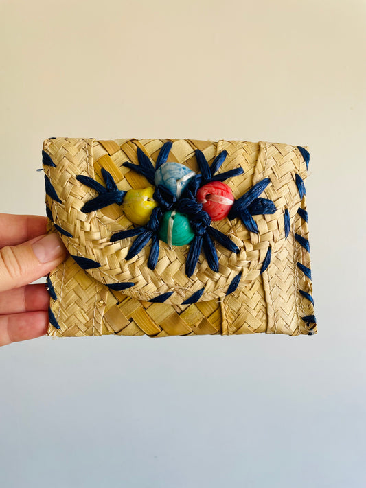 Woven Straw Wallet Pouch with Raffia & Coloured Sea Shells