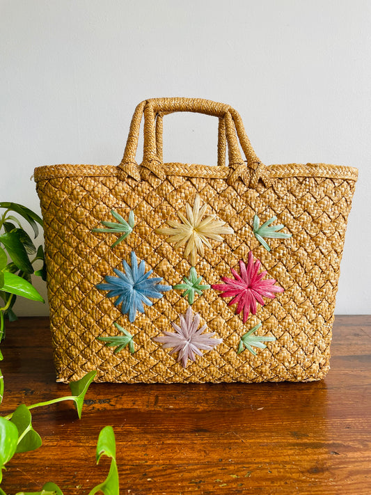 Woven Straw Beach Bag Purse with Raffia Starburst Flower Design