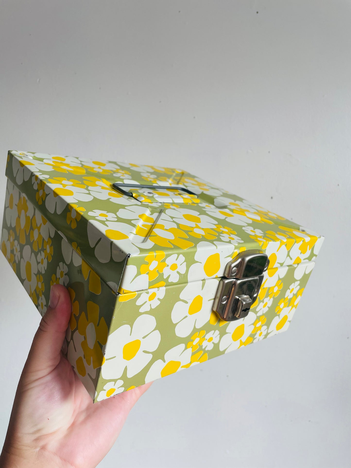 Vintage Flower Power Metal Filing Storage Box with Handle & Latch to Close - Has a Movable Tray Divider Inside