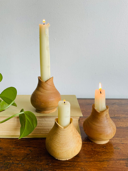 Handmade Wood-Turned Tulip Mouthed Candle Holders or Bud Vases - Artist Signed - Set of 3