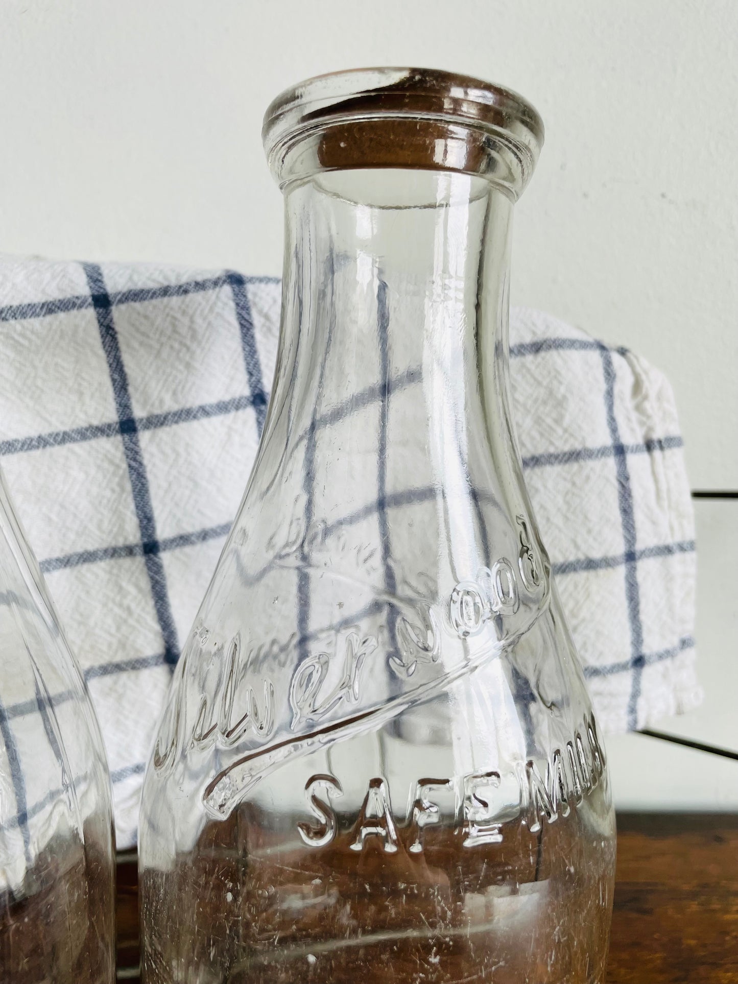 Vintage Metal Milk Bottle Caddy Carrier with Handles & Three Glass Milk Bottles with Cardboard Bottle Caps