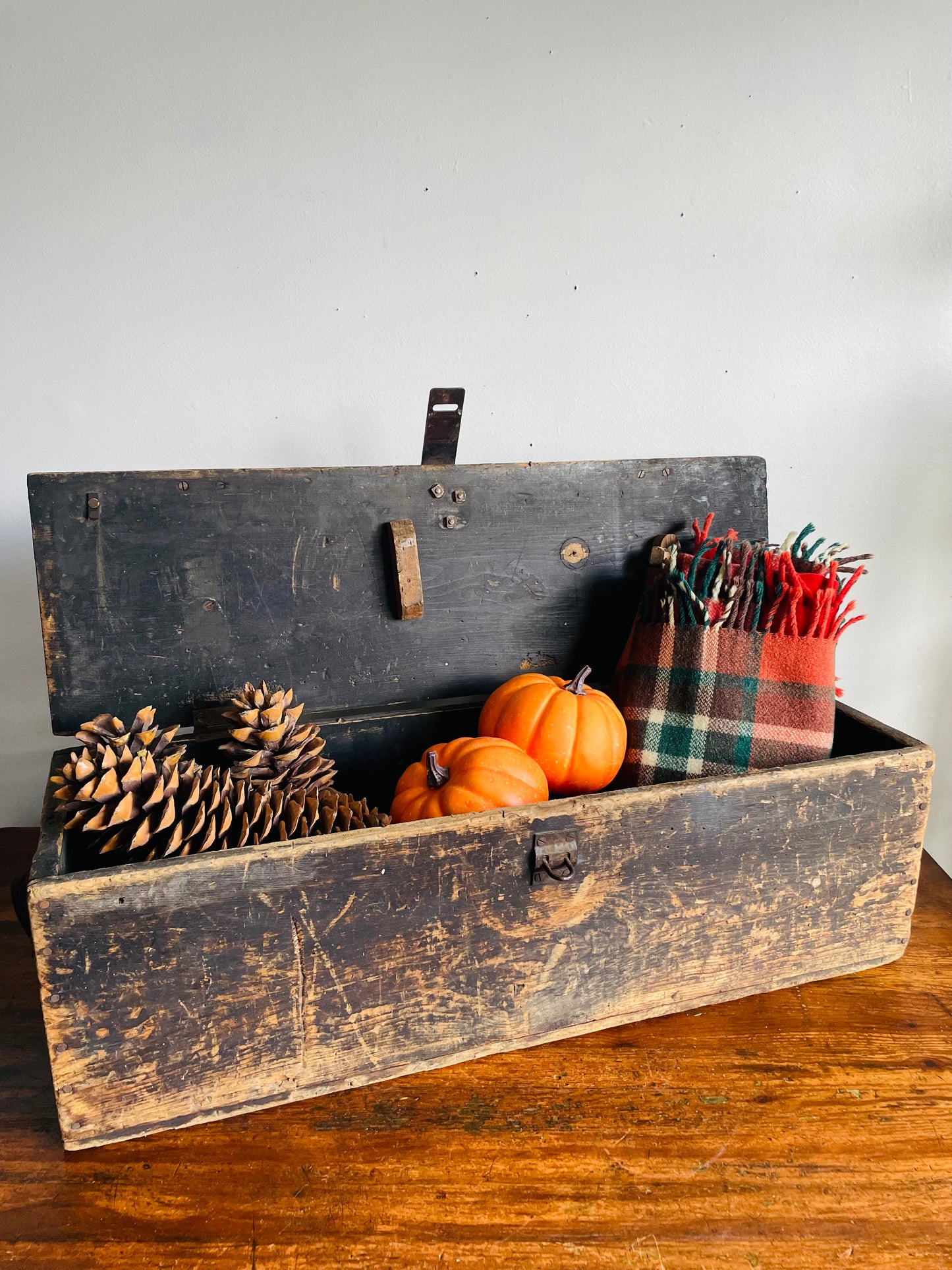 Vintage Solid & Rustic Wood Box Trunk with Beautiful Aged Patina, Metal Latch to Close, Hinged Lid & Leather Handles - Great Indoor or Outdoor Porch Decor!