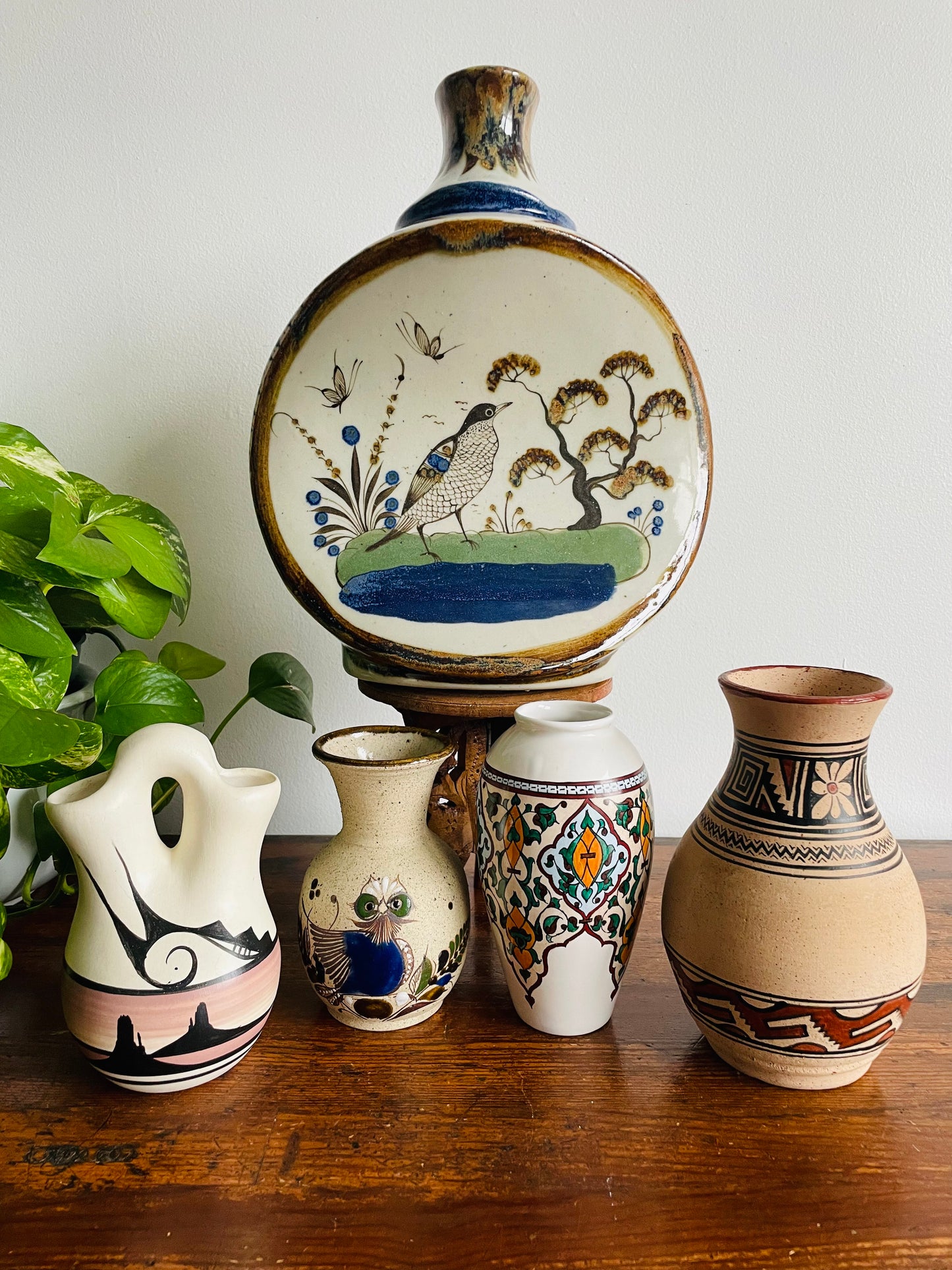 Signed Mexican Tonala Pottery Vase with Folk Art Bird Design