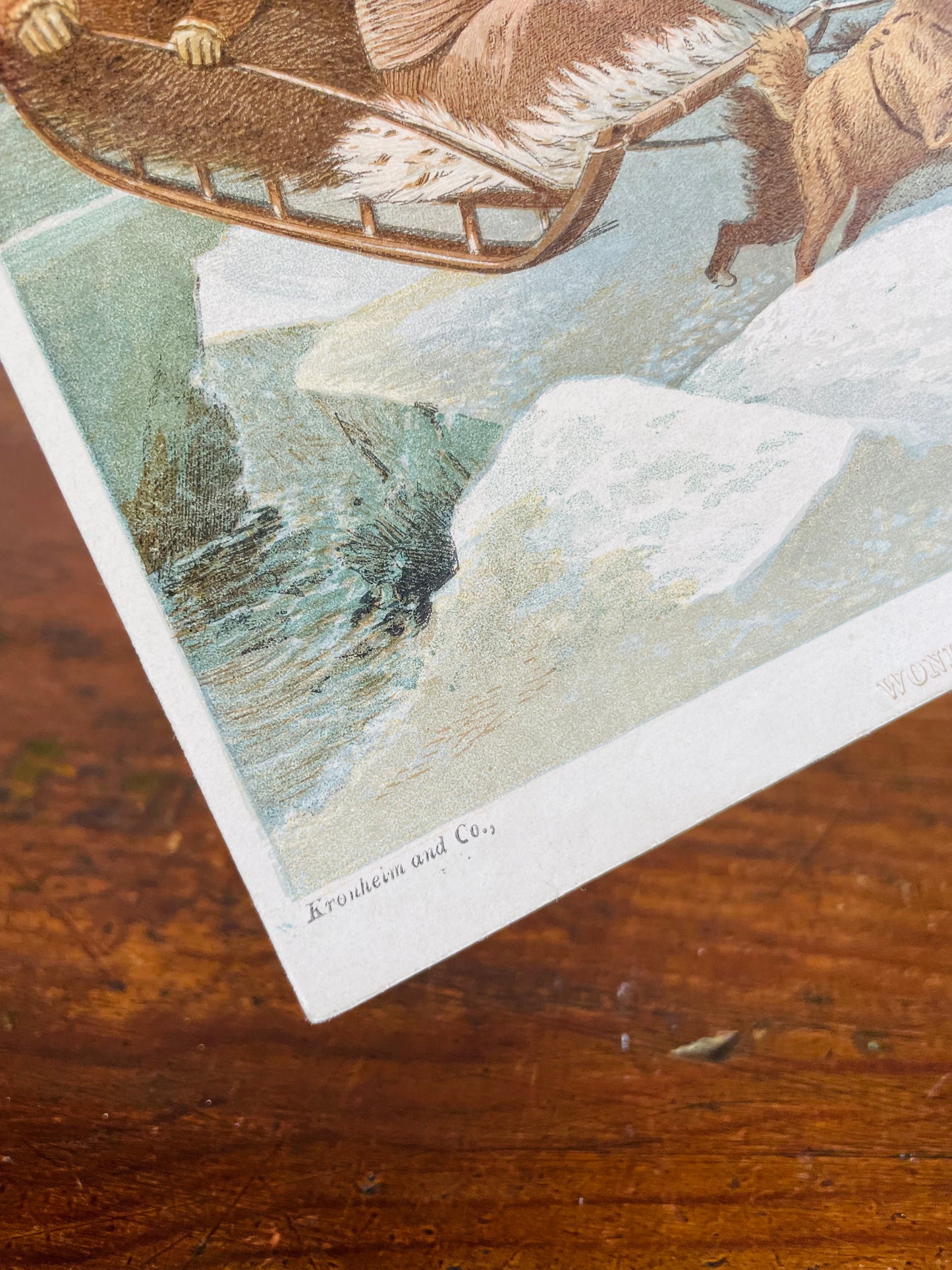 Vintage Lithograph Print Picture - "Wonderful Escape on the Breaking Up of the Ice" with Dog Sled Team in Arctic - Kronheim and Co., London