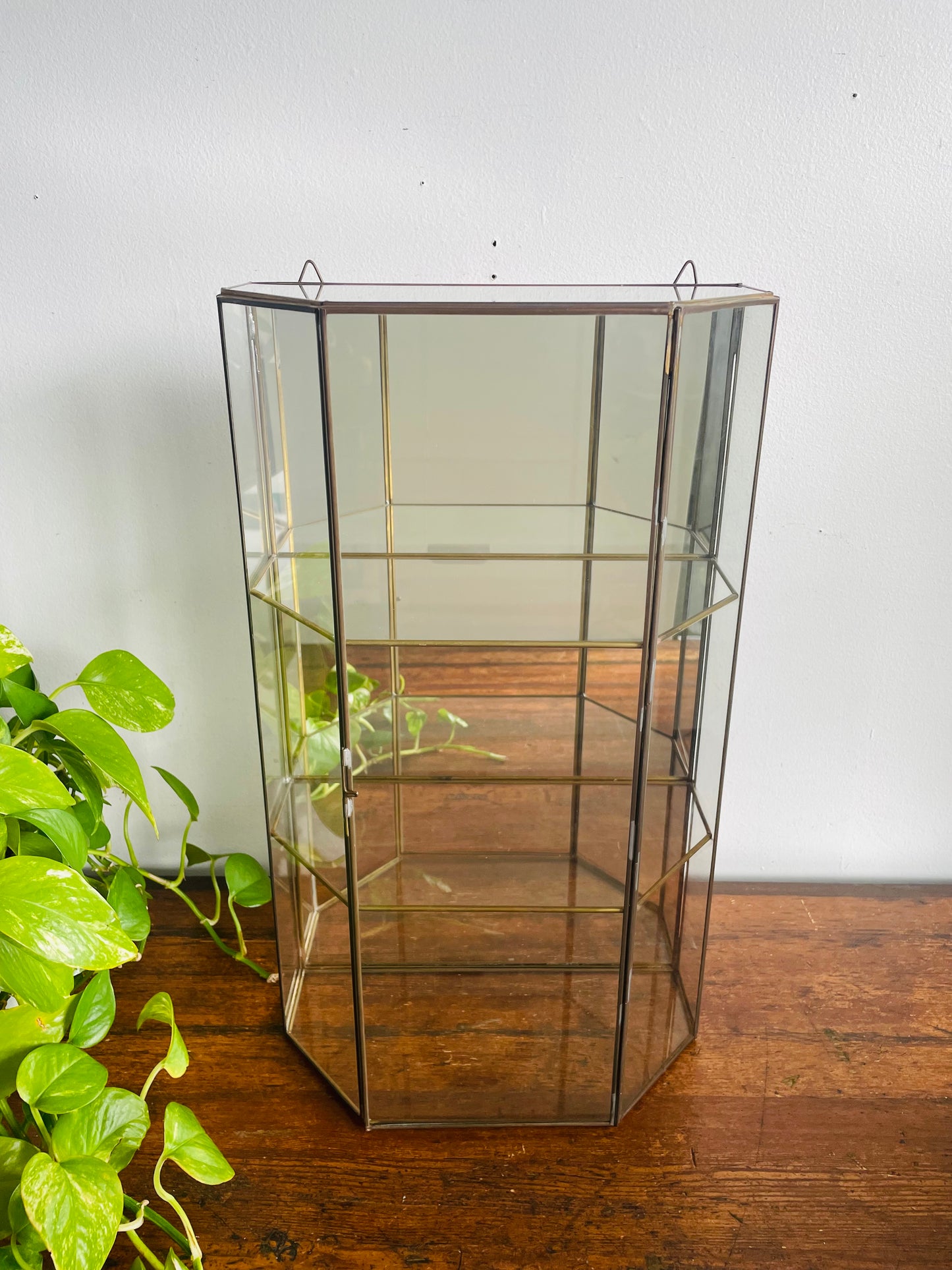 Vintage 19" Tall Brass & Mirrored Glass Curio Shelf Cabinet - Can Stand or Hang