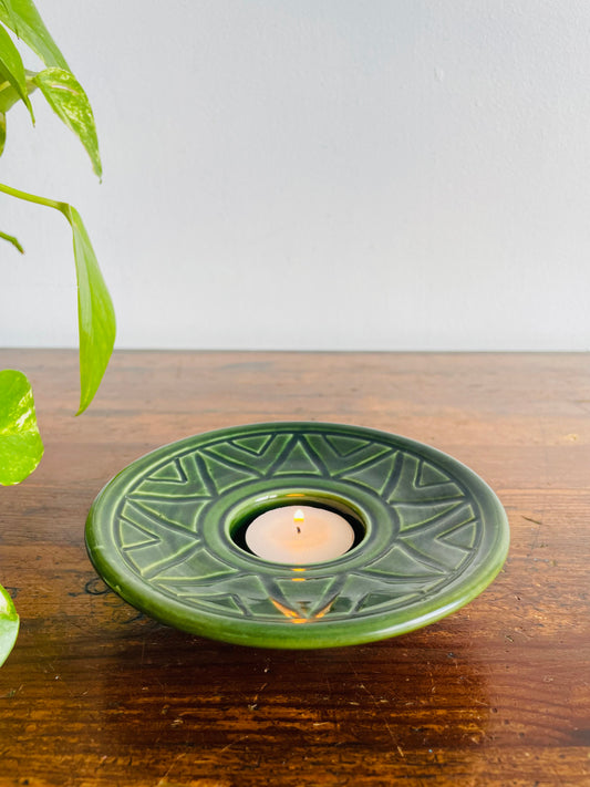 Green Studio Art Pottery Tealight Candle Holder with Triangle Design - Made in Waterloo Ontario