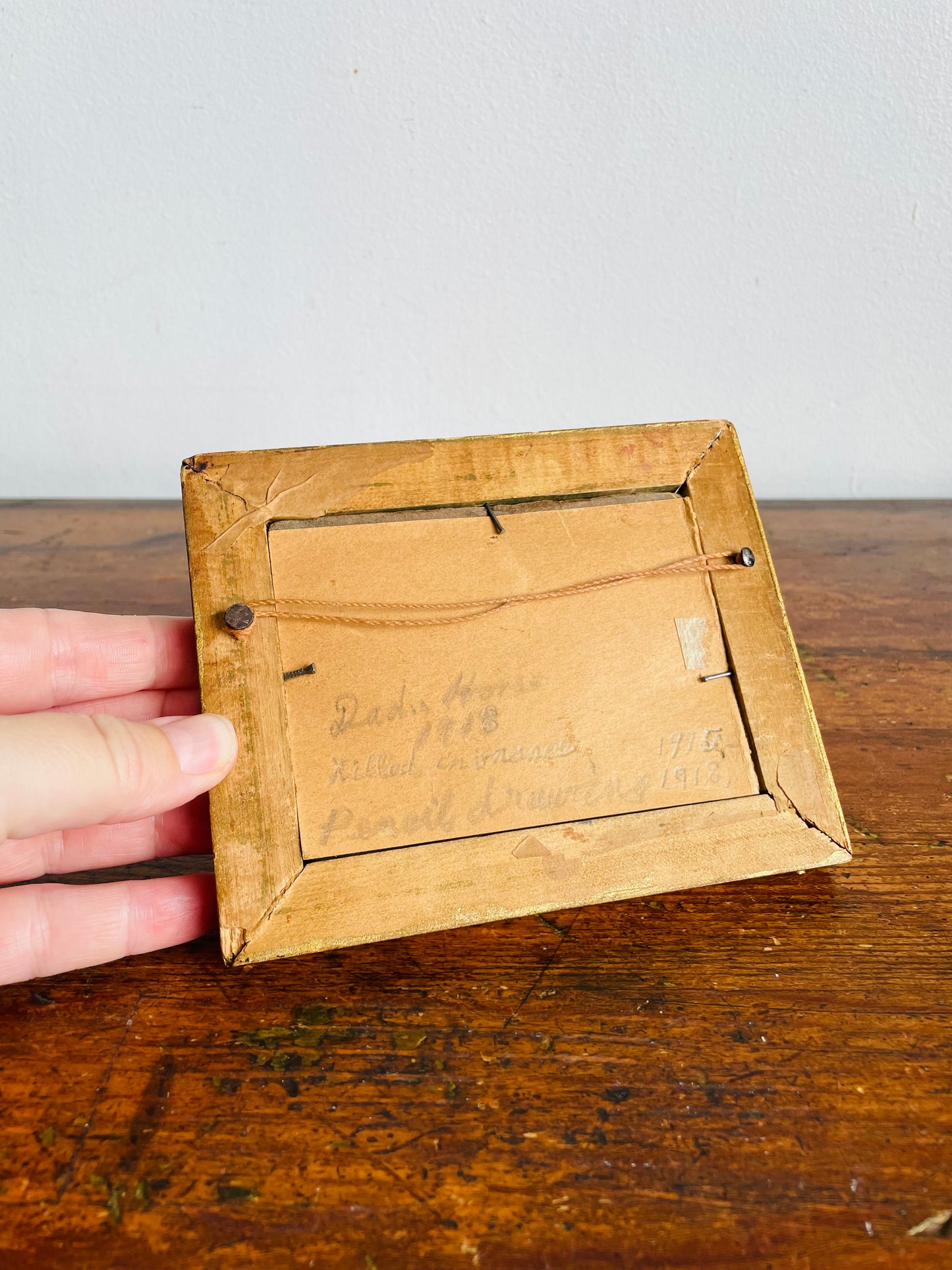 Antique Original Art Miniature Sketch Pencil Drawing Picture in Gold Wood Frame - Artist Signed - Dad's Horse - May 2, 1918