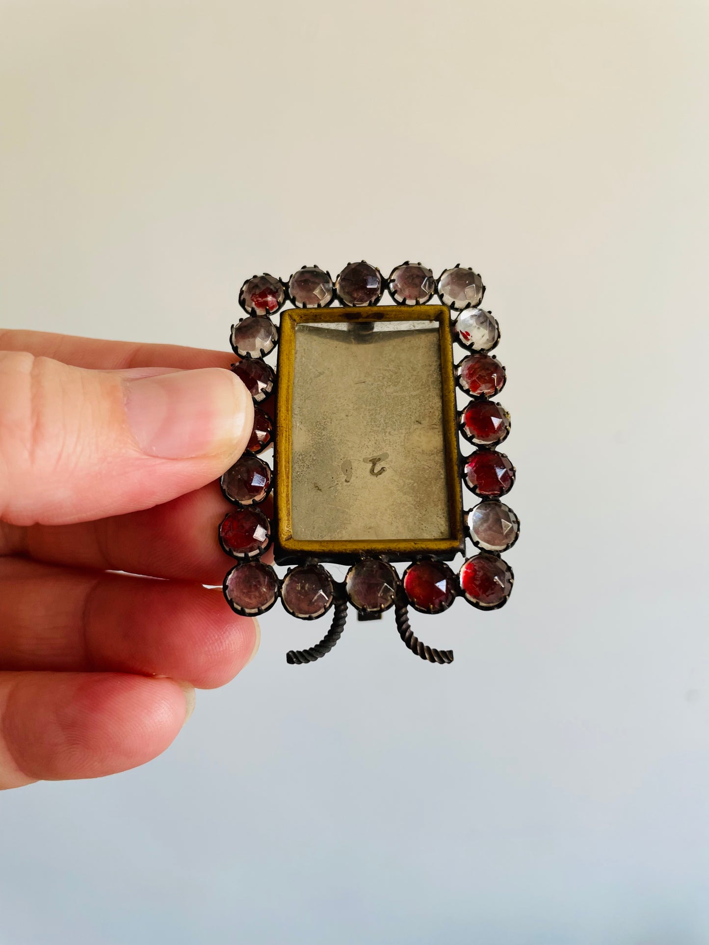 Antique Miniature Jewelled Metal Picture Frame with Pink & Red Stones - Swing Easel Backing - Perhaps a Victorian Mourning Piece