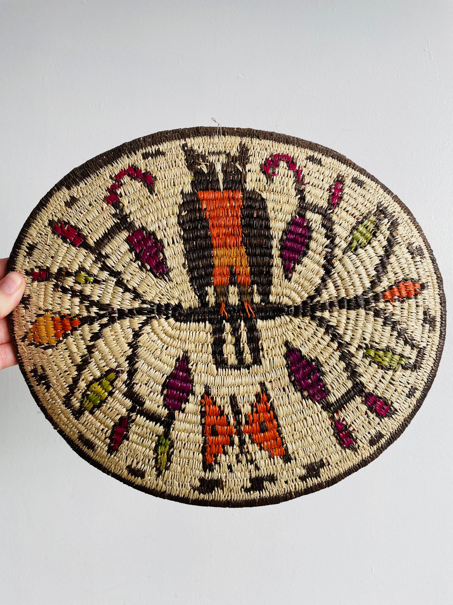 Emberá-Wounaan Panama Indigenous Tribal Woven Basket Plate Wall Hanging with Bird & Butterfly Design
