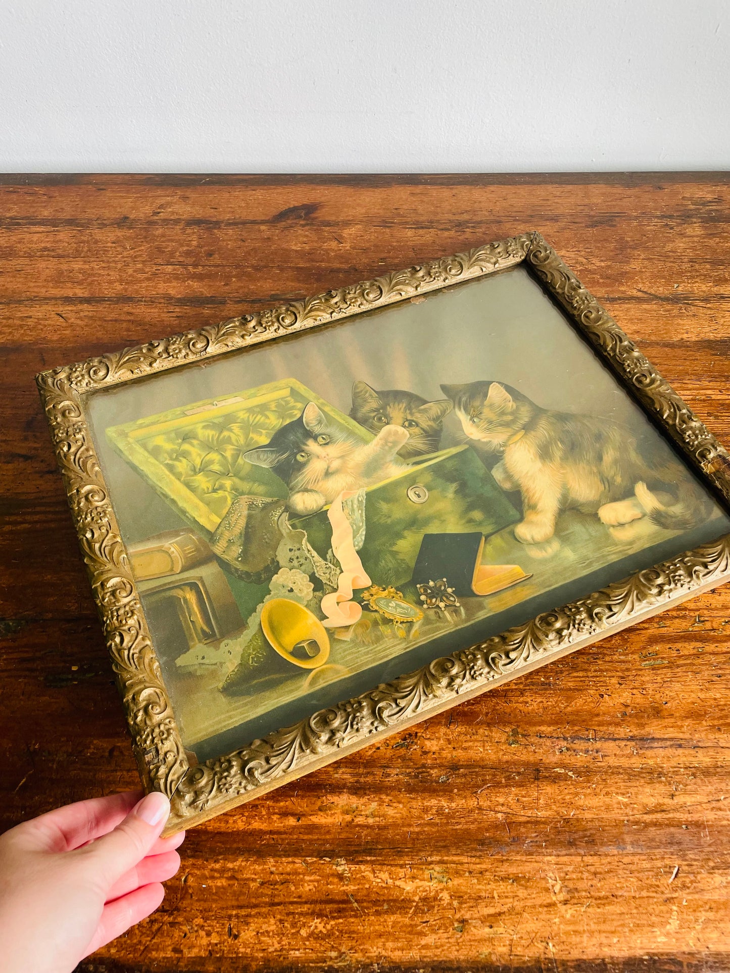 Antique Print Picture of Three Cats Playing in Jewellery Box - Stunning Gold Frame with Ornate Flower & Leaf Design