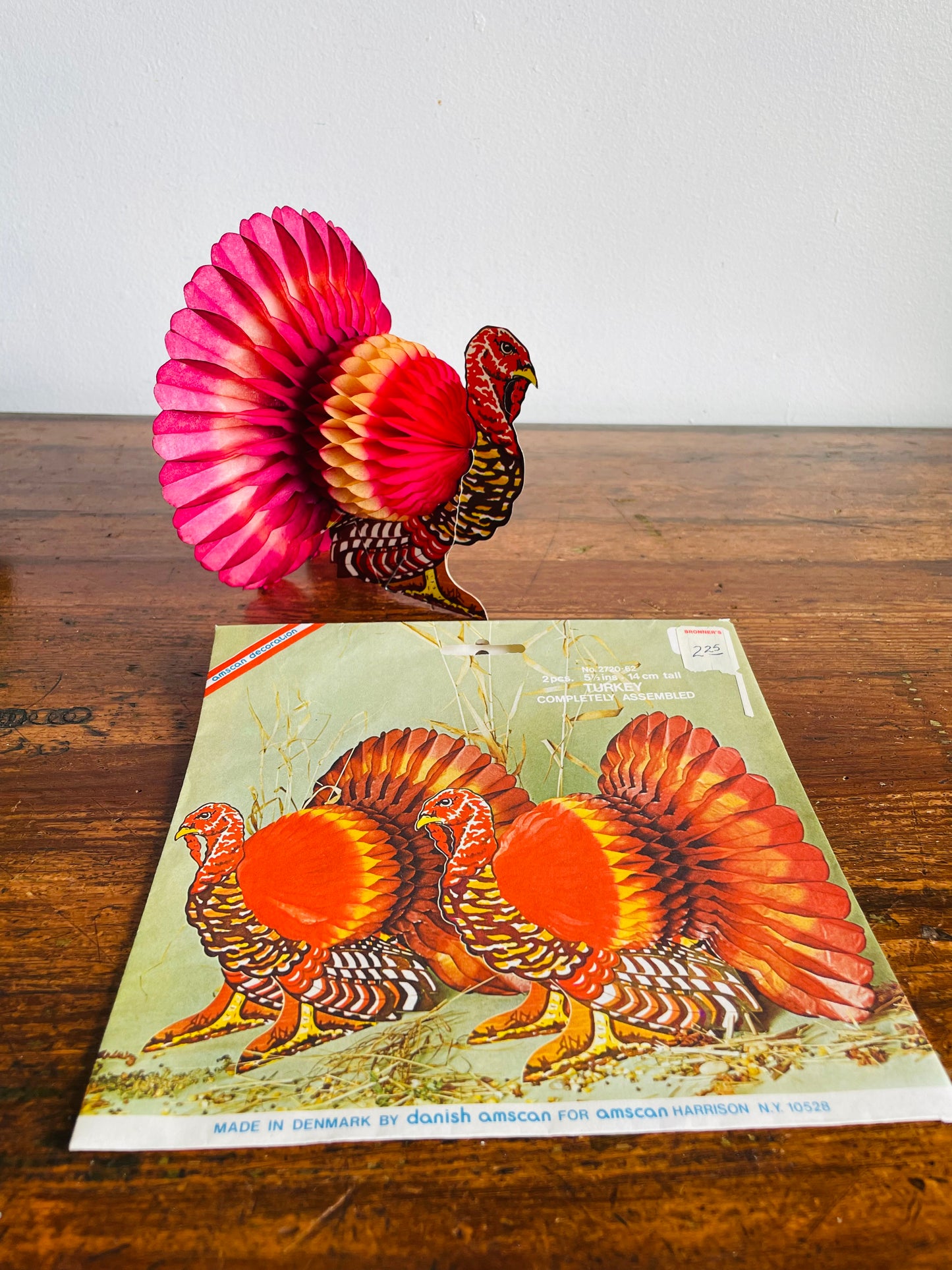 Vintage Danish Amscan Cardboard & Tissue Paper Standing Mini Turkey Honeycomb Decoration - Thanksgiving & Autumn Decor - Made in Denmark