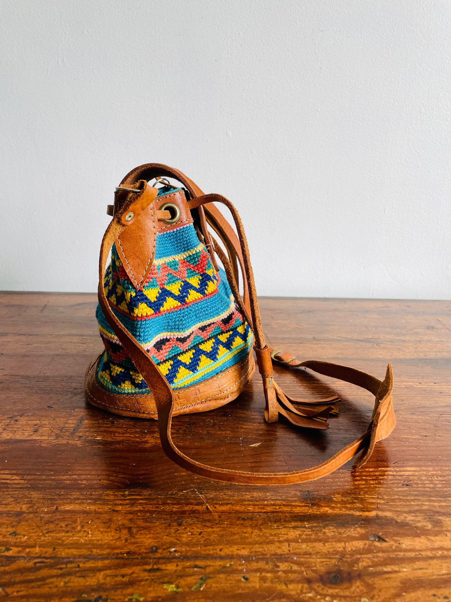 Tooled Leather & Brightly Woven Tapestry Fabric Purse