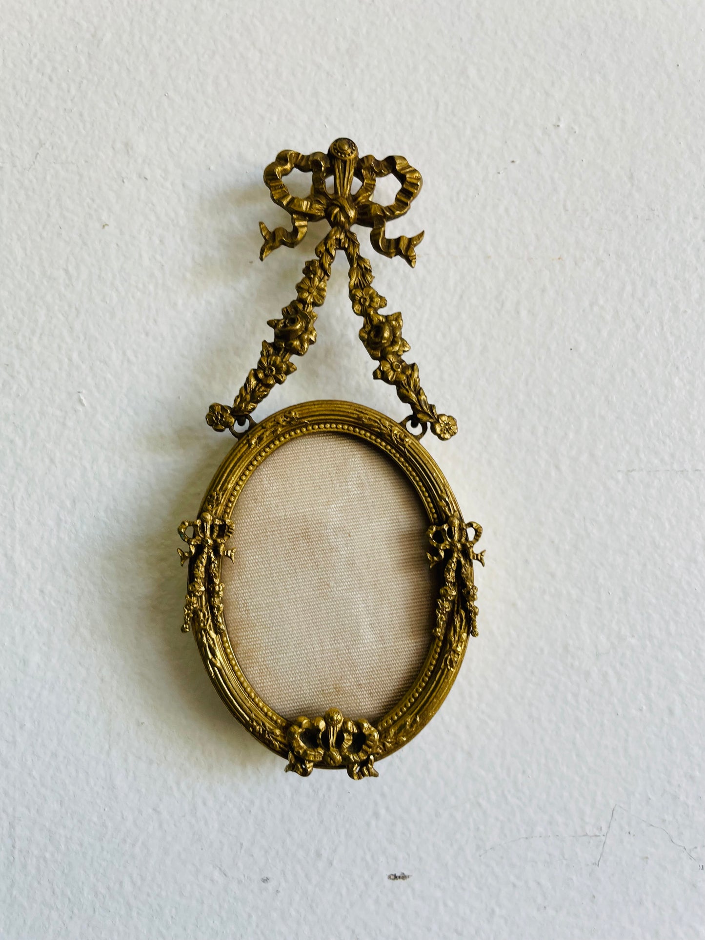 Antique Miniature Hanging Oval Brass Picture Frame with Ornate Bows, Ribbons & Flowers