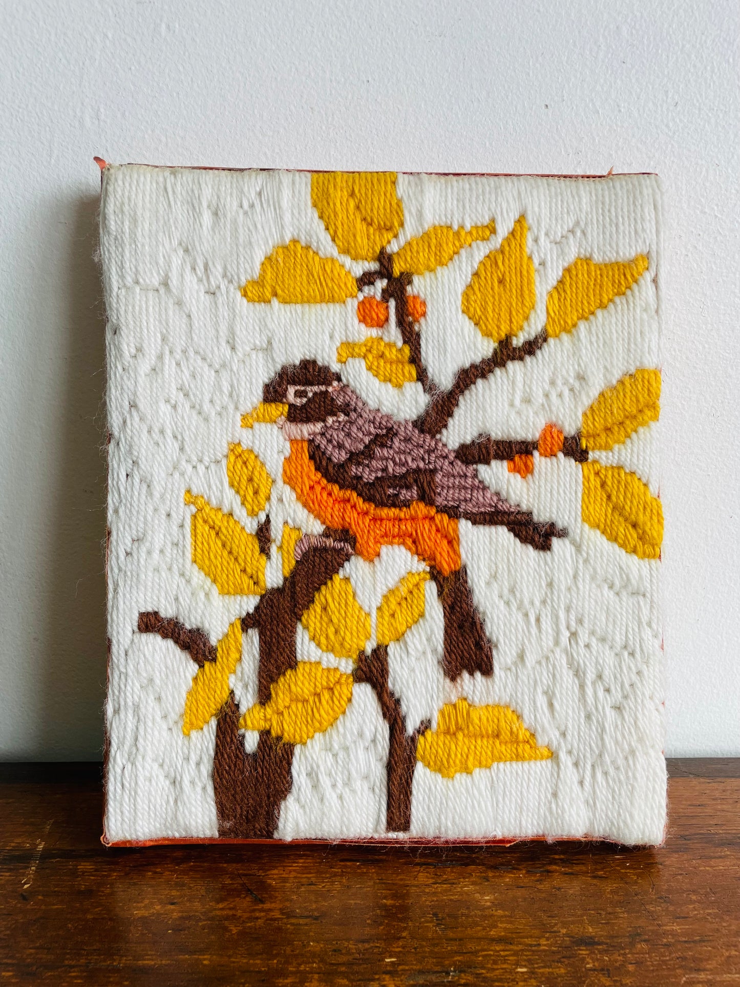 Crewel Embroidery Picture of Robin Bird in Tree