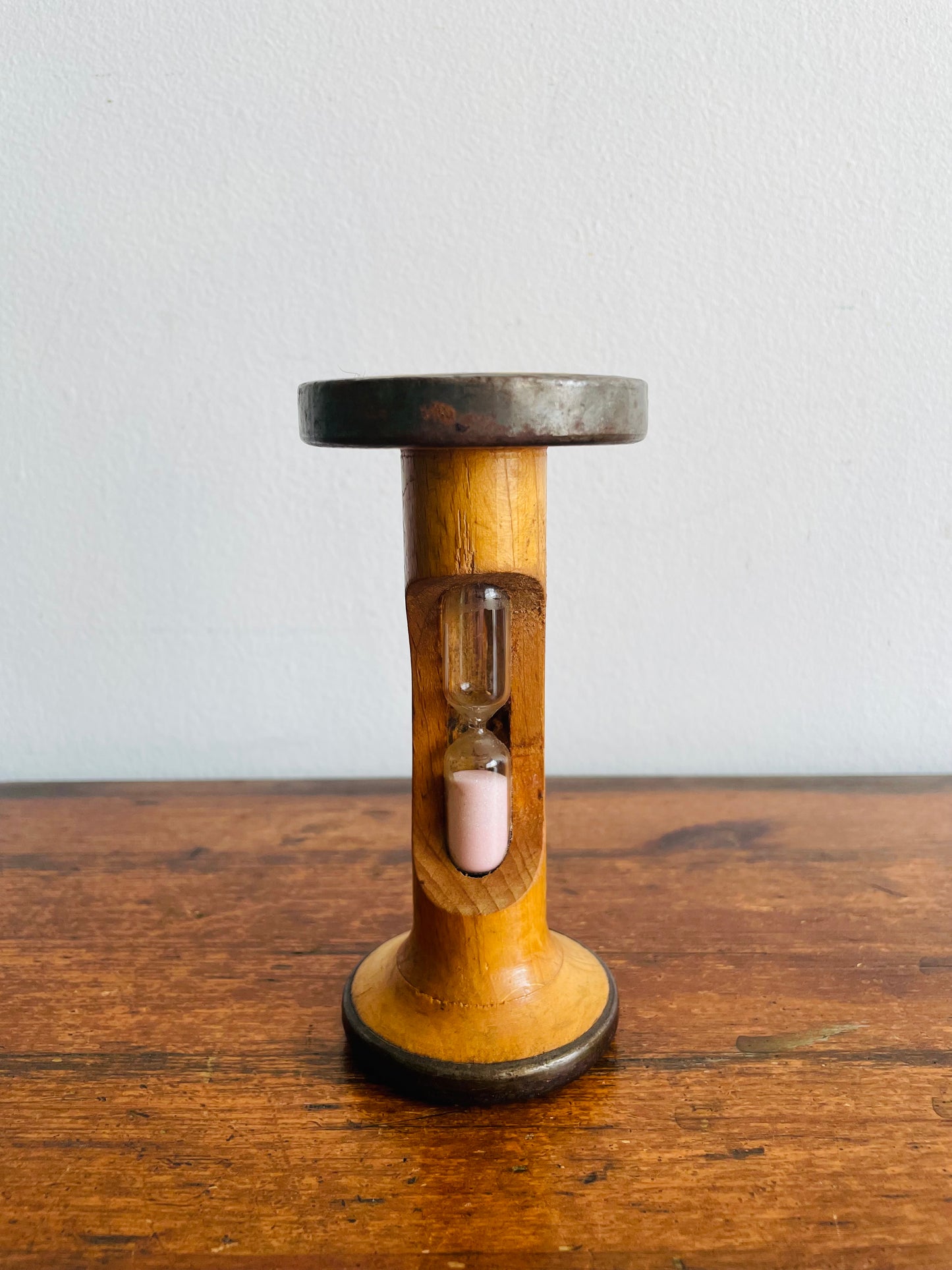 Hourglass Egg Timer Built Into Wood & Metal Bobbin Spool - 3.5 Minutes