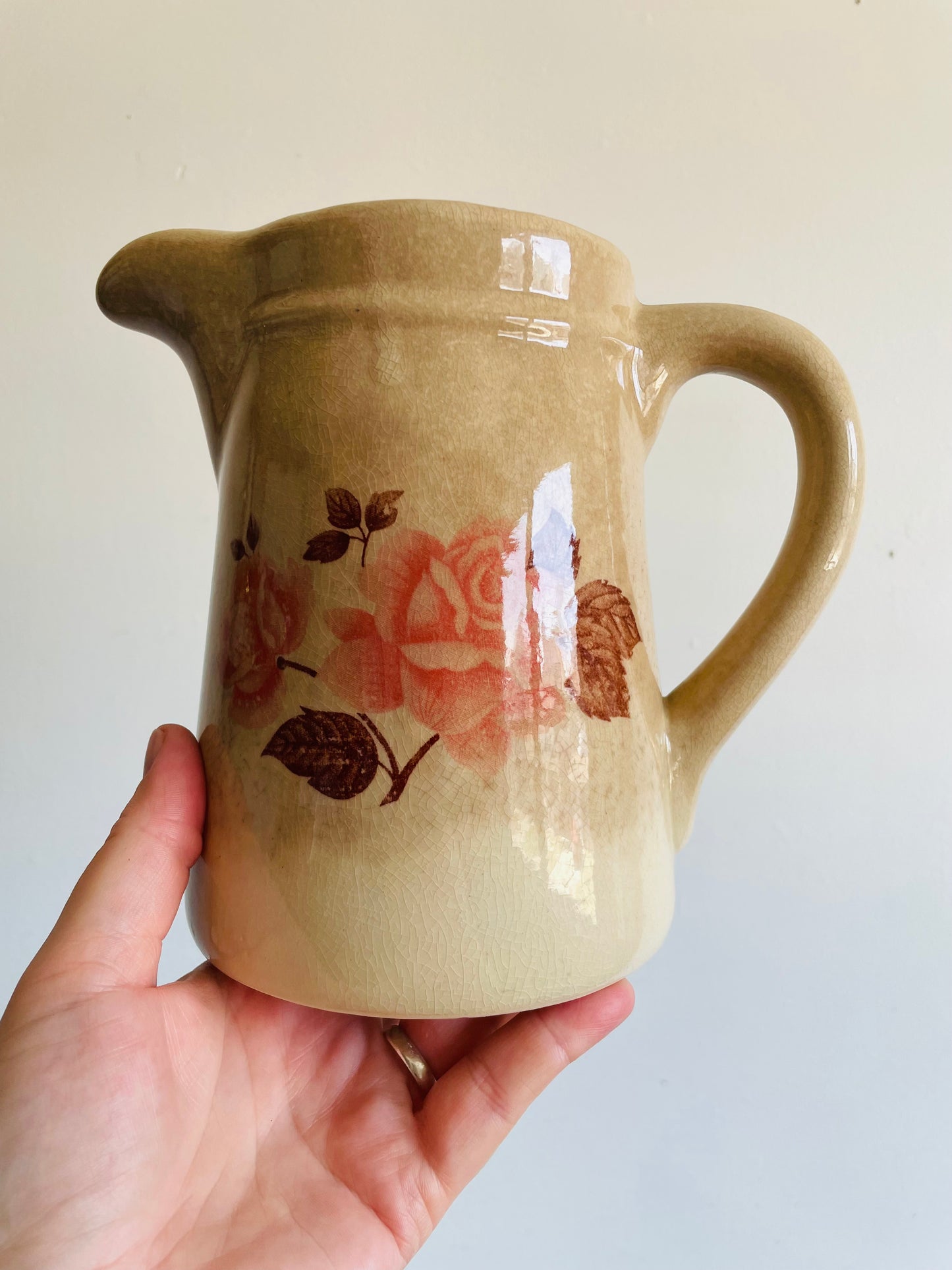 Farmhouse Stoneware Pitcher Jug Vase or Utensil Holder with Rose Design - Found in Dublin, Ireland