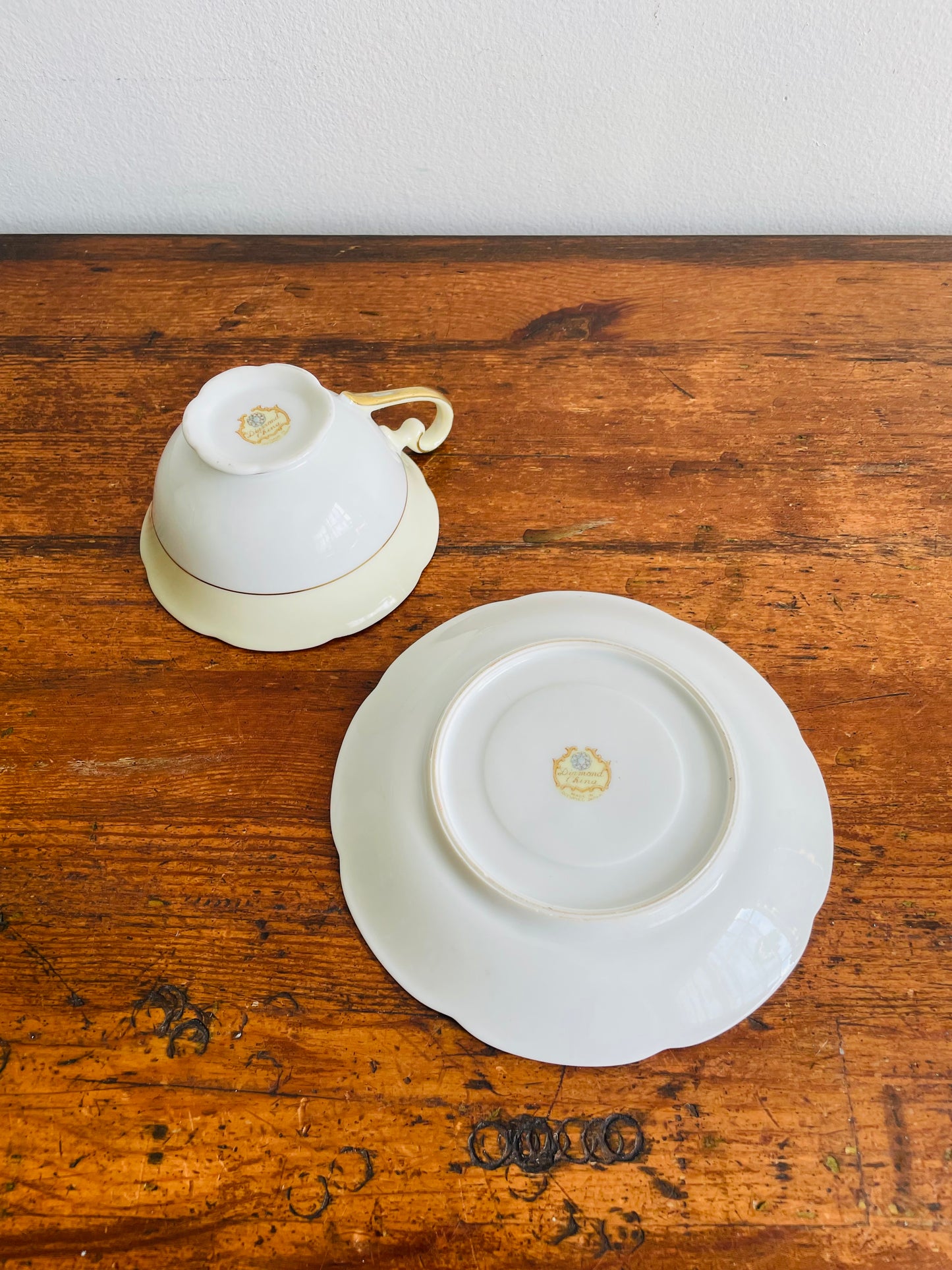 1940s Diamond China Burnt Orange Tea Cup & Saucer with White Iris Flower Design - Made in Occupied Japan