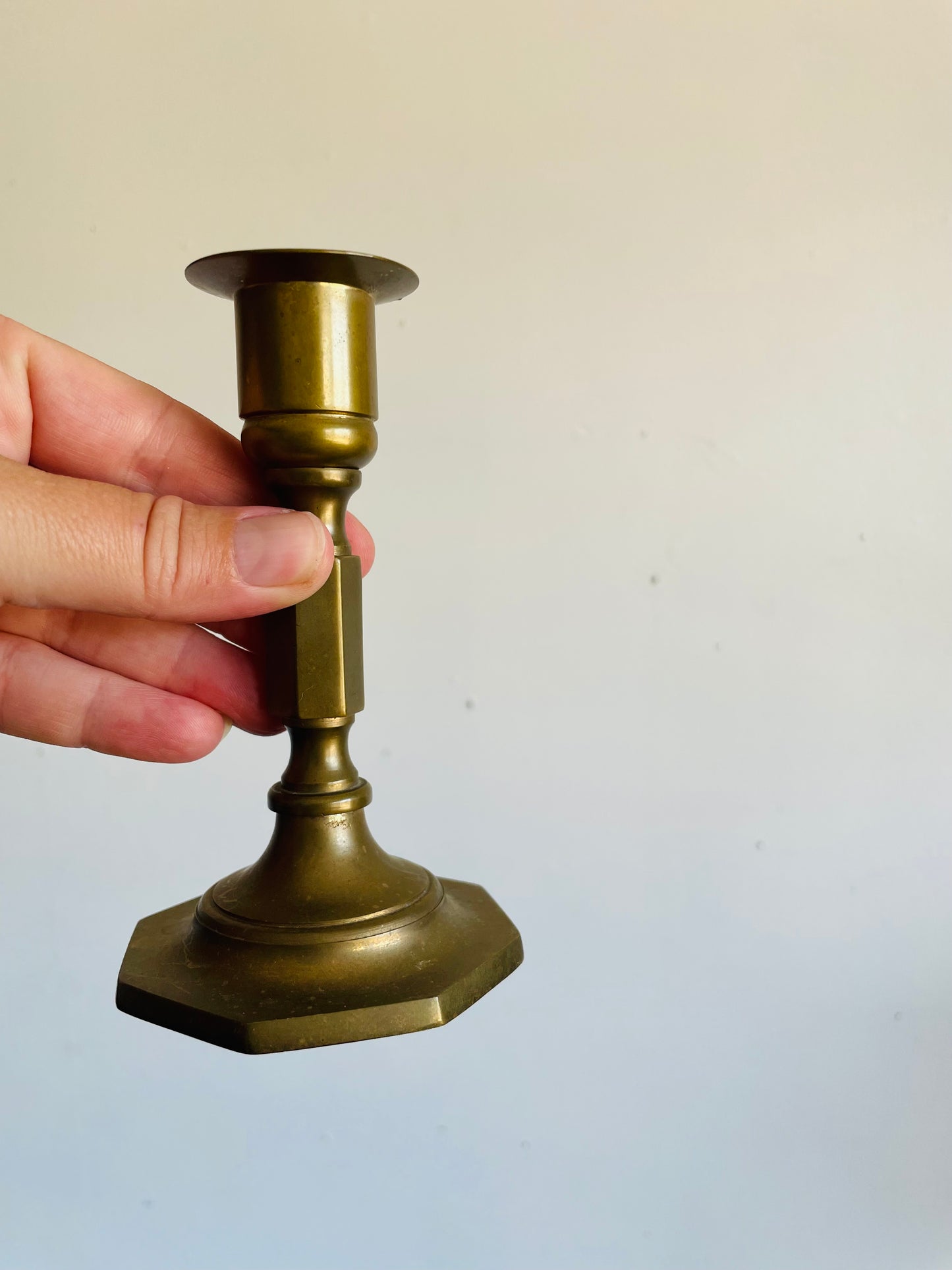Vintage Solid Brass Candle Holders with Octagonal Base - Set of 2