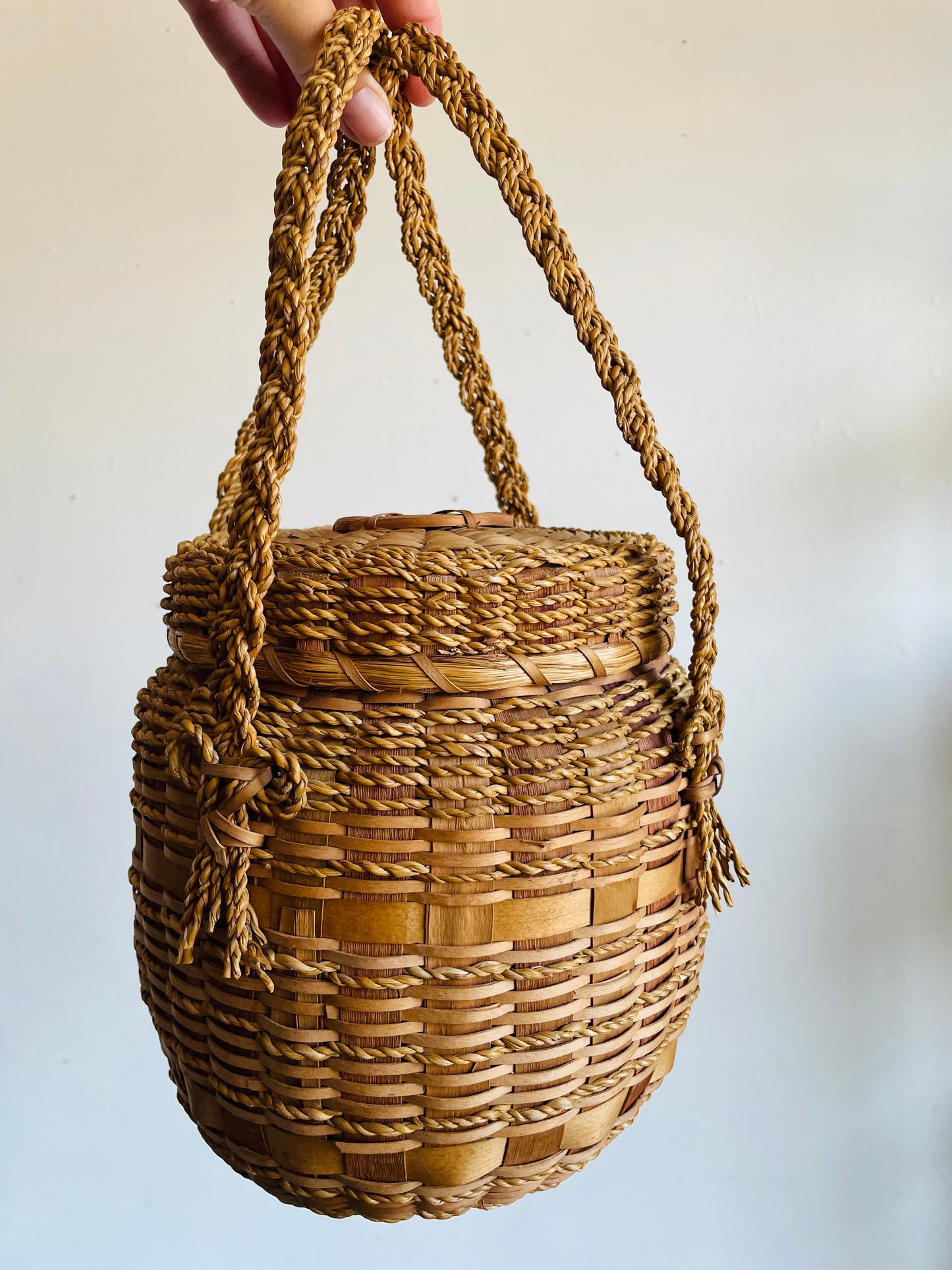 Vintage Indigenous Woven Ash Wood & Sweet Grass Yarn Holding Basket with Braided Handles & Lid - Hole in Lid to Pull Yarn Through