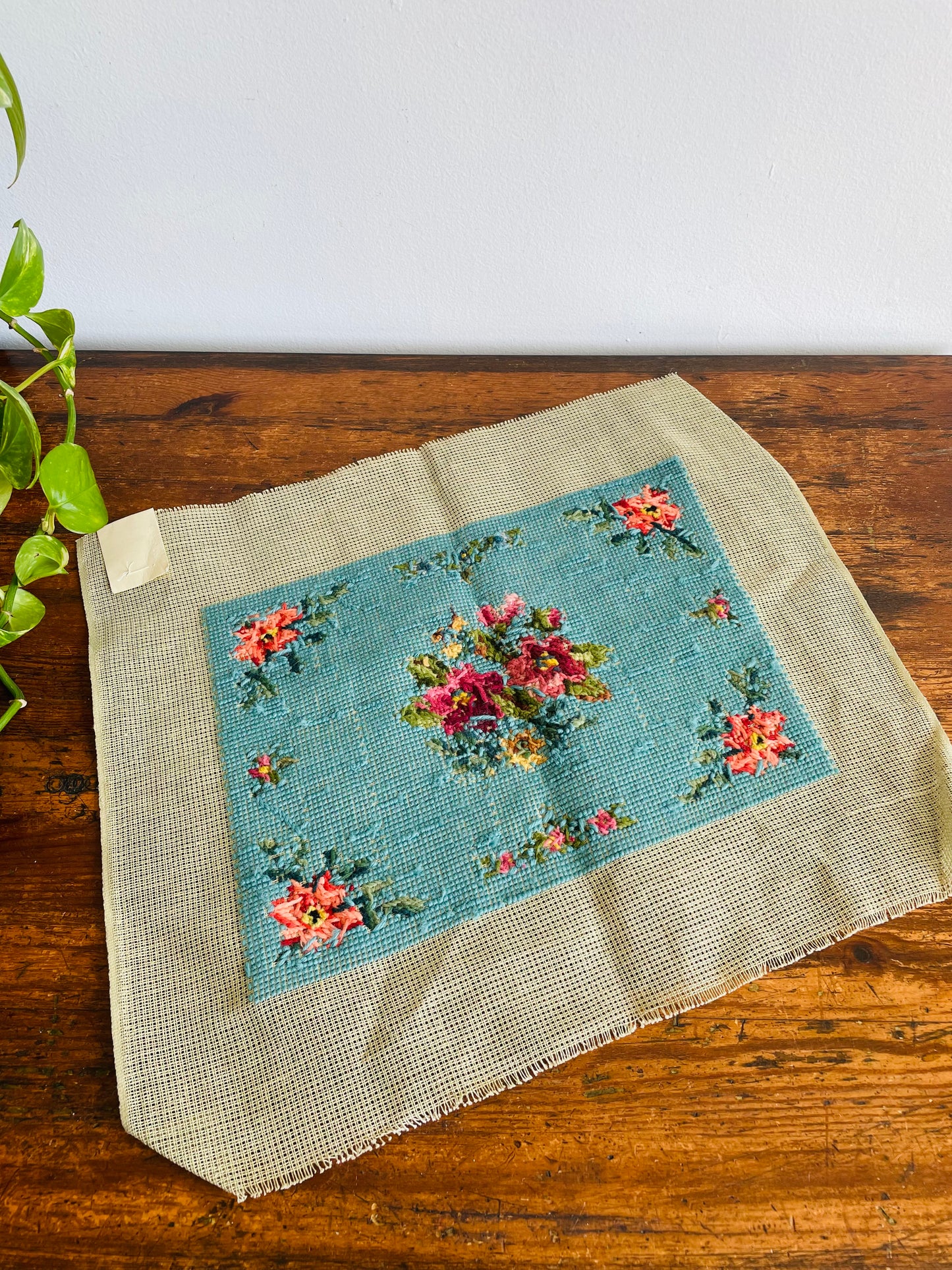 Blue Needlepoint Embroidery Panel of Flowers - J.S.B. & S. Made in Germany