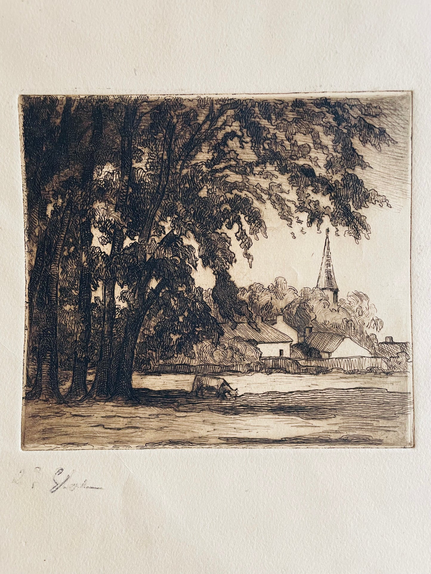 Etched Picture of Cow Grazing Under Tree with Town & Steeple in Background - Artist Signed