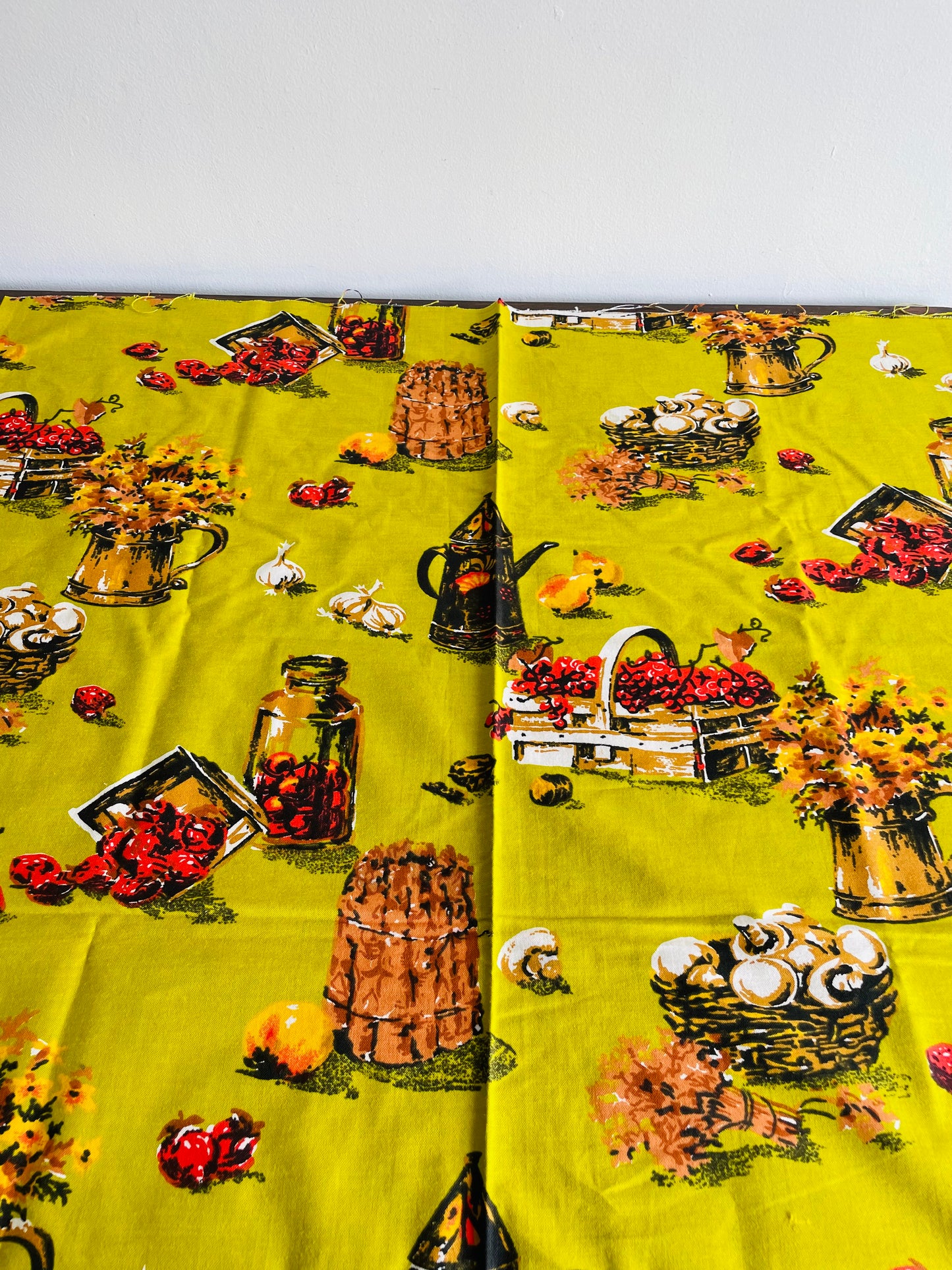 Bright Chartreuse Coloured Fabric with Fun Vegetable, Fruit, & Flower Harvest Design