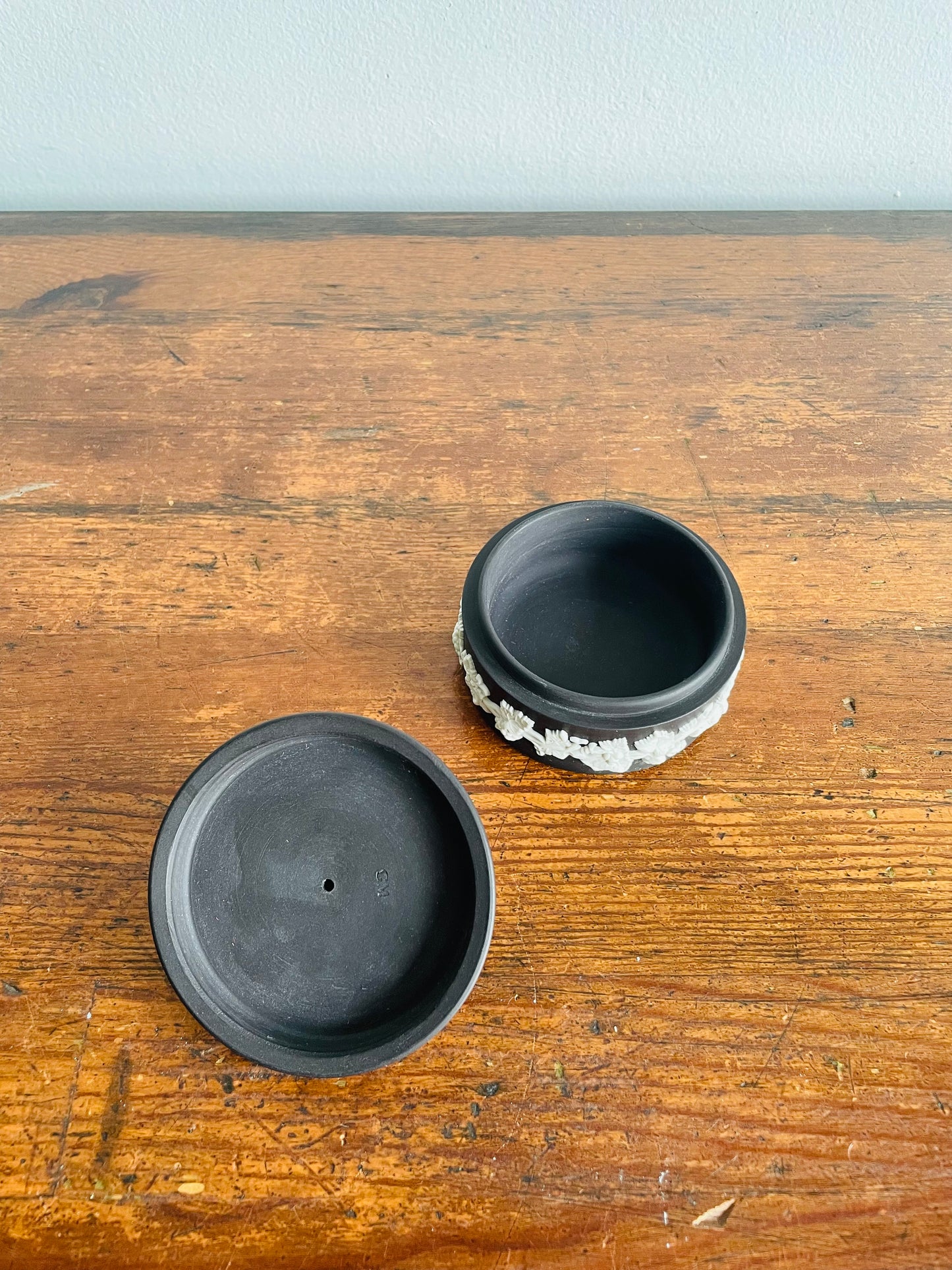 Black Jasperware Wedgwood Round Trinket Dish with Lid - Made in England