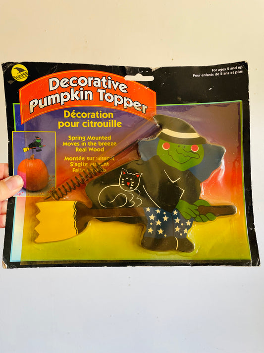 Vintage Brand New 1998 Sun Hill Industries Halloween Witch Decorative Pumpkin Topper - Spring Mounted, Real Wood, Moves in the Breeze