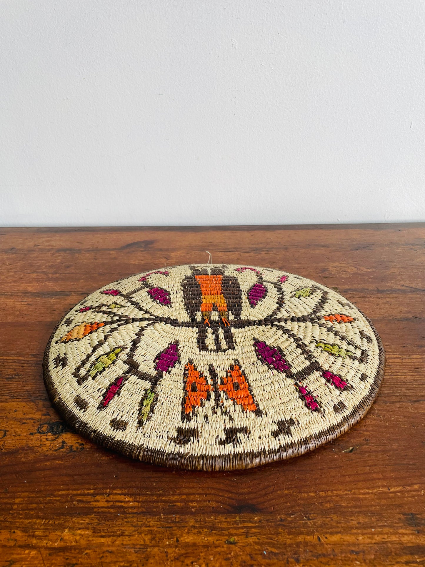 Emberá-Wounaan Panama Indigenous Tribal Woven Basket Plate Wall Hanging with Bird & Butterfly Design